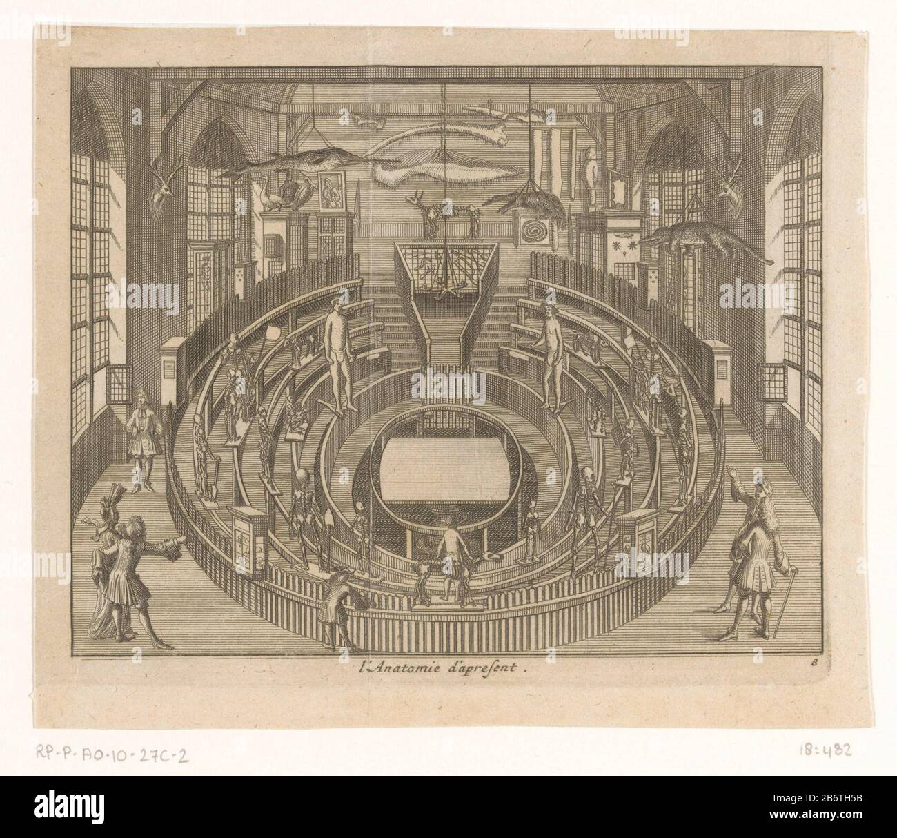 Het Theatrum Anatomicum te Leiden van binnen gezien l'Anatomie d'apressent (objet titel op) le Theatrum Anatomicum (théâtre anatomique) Leiden a vu l'intérieur, comme au moment de la publication de cette image regardait (1712). Dans l'espace, plusieurs personnes sont présentes et sont disposées des squelettes d'êtres humains et d'animaux. Au plafond, accrochez les animaux farcis. En bas à droite numérotée 8. Fabricant : printmaker: Éditeur anonyme Pieter van der Aa (I) (possible) Lieu de fabrication: Leiden Date: 1712 matériau: Technique du papier: Gravure Dimensions: Bord de la plaque: H 138 mm × W 167 mmToelichtPrent utilisé dans les de Banque D'Images