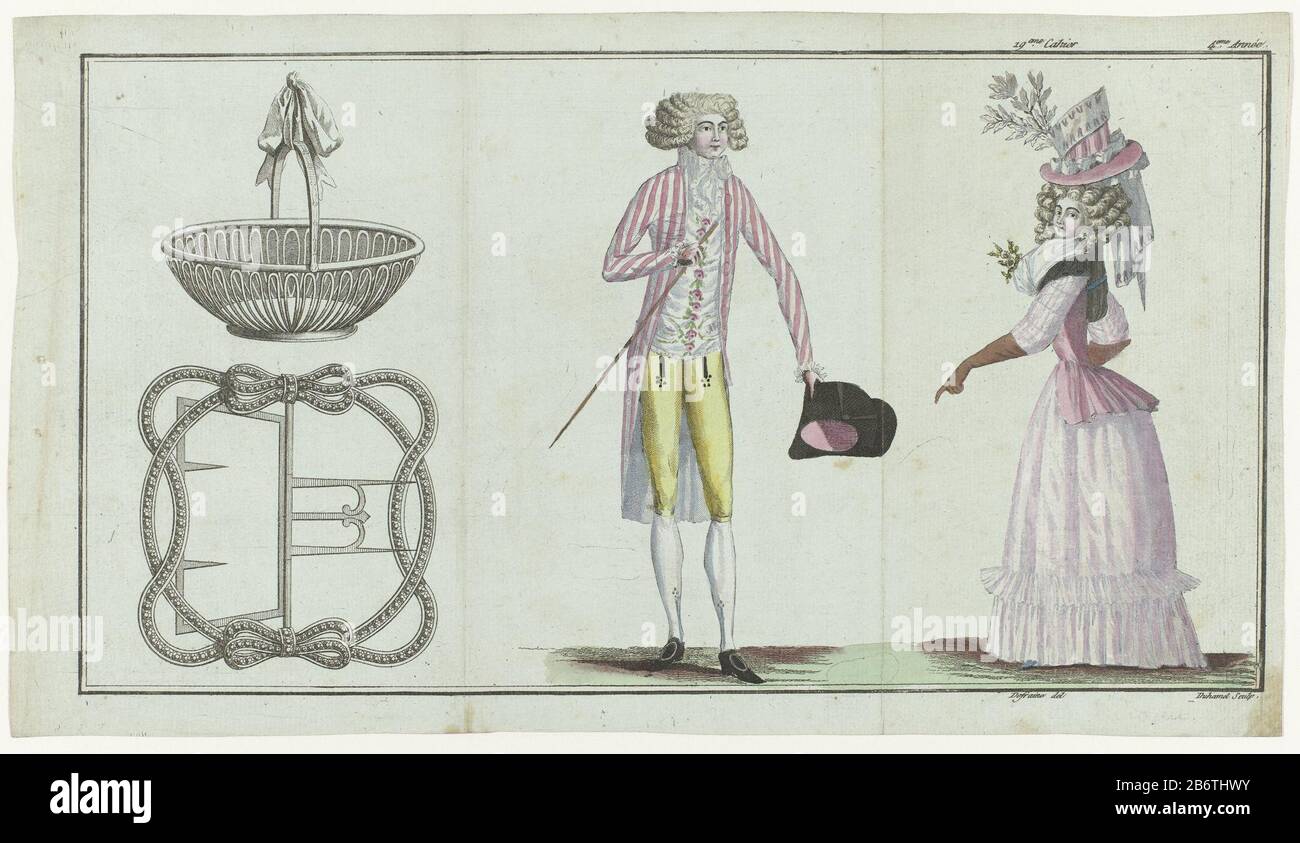 De gauche à droite. Panier ovale en argent et boucle. Jeune homme debout dans une «habitude» à rayures roses / blanches, un maillot de corps brodé et un short jaune. Dans sa main gauche et un chapeau dans sa main droite une canne. Femme debout portant un rose 'Pierrot' (Caraco) et une jupe blanche avec falbala. Fichu de dentelle noire et de gaze blanche. Accessoires : chapeau, fleur en relief, gants longs. La photo fait partie de la 19ème Cahier, 4 e année, de la série Magasin des modes Nouvelles et Françaises Anglaises. La série se compose de 172 imprimés de mode, publiés par Buisson, Paris 20 novembre 1786-21 décembre 1789. Fabricant Banque D'Images
