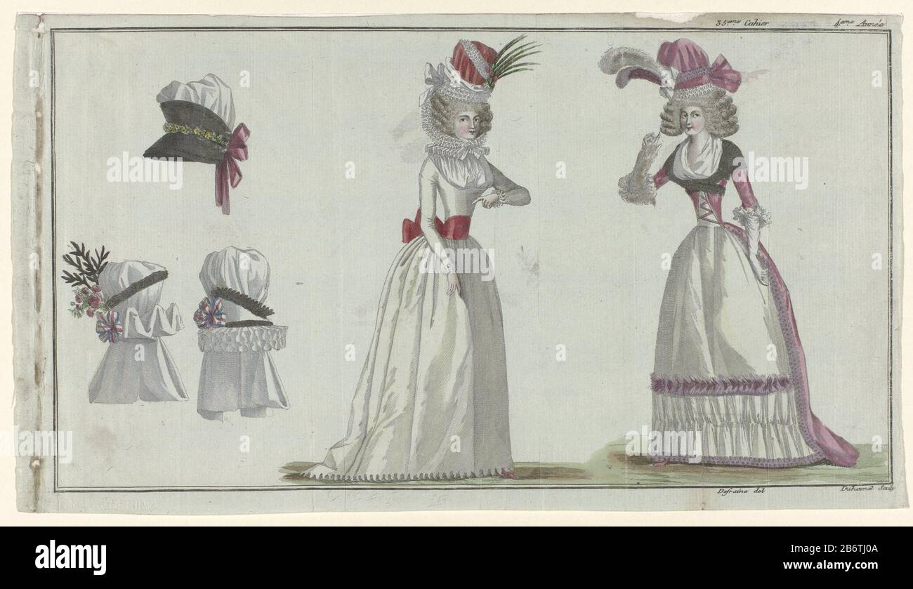 De gauche à droite. Trois chapeaux : 1) chapeau de satin noir avec noeud  rouge, 2) chapeau de gaze blanche avec un bouquet de roses et de cocarde 3)  chapeau de gaze