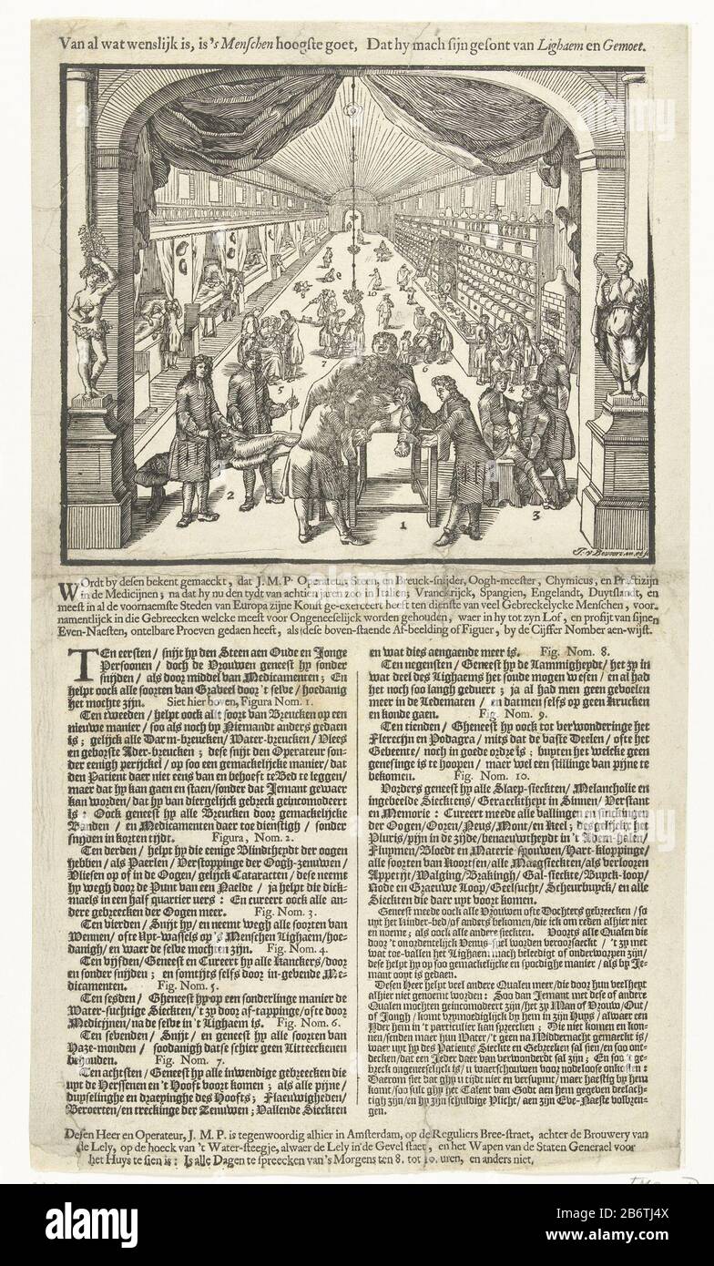 Het gasthuis, CA 1700 Annonce pour la pratique de l'opérateur ou du chirurgien J.M.P. le Reguliersbreestraat Amsterdam, vers 1700. Au premier plan est un chirurgien travaillant sur une chirurgie de pierre dans un homme. Les liens vont mettre une pause alors que droite a aidé un patient avec des ennuis d'oeil. En arrière-plan a laissé une infirmerie et a quitté la pharmacie. À l'entrée du hall se trouve une statue Bacchus image gauche et droite de Ceres sur un piédestal. Parmi le spectacle en deux colonnes, on retrouve les compétences et les spécialisations des arts Fabricant : printmaker John de Bevoort (bâtiment classé) dans son dessin: Johannes van Bevoort (inscrit pro Banque D'Images