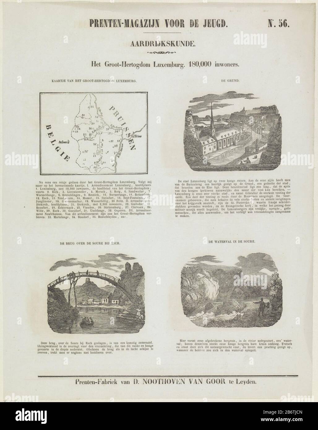 Het groot-hertogdom Luxembourg 180 000 inwoners (objet titel op) Prenten-mazijn voor de jeunesse (objet servietitel op) Aardrijkskunde (objet servietitel op) feuille avec quatre sur le grand-Duché de Luxembourg avec une carte et des lieux importants: Grund, le pont sur le Sûre et la chute d'eau dans Les représentations Sure. Au-dessus de chaque affiche un titre et au-dessous de chaque affiche une légende. Numéroté en haut à droite : n° 56. Fabricant : éditeur: Dirk Nothooven Goor (bâtiment classé) printmaker: Fabrication anonyme: Éditeur: Leiden Imprimer auteur: Pays-Bas Date: 1850 - 1881 Caractéristiques physiques: Voiture en bois et texte Banque D'Images