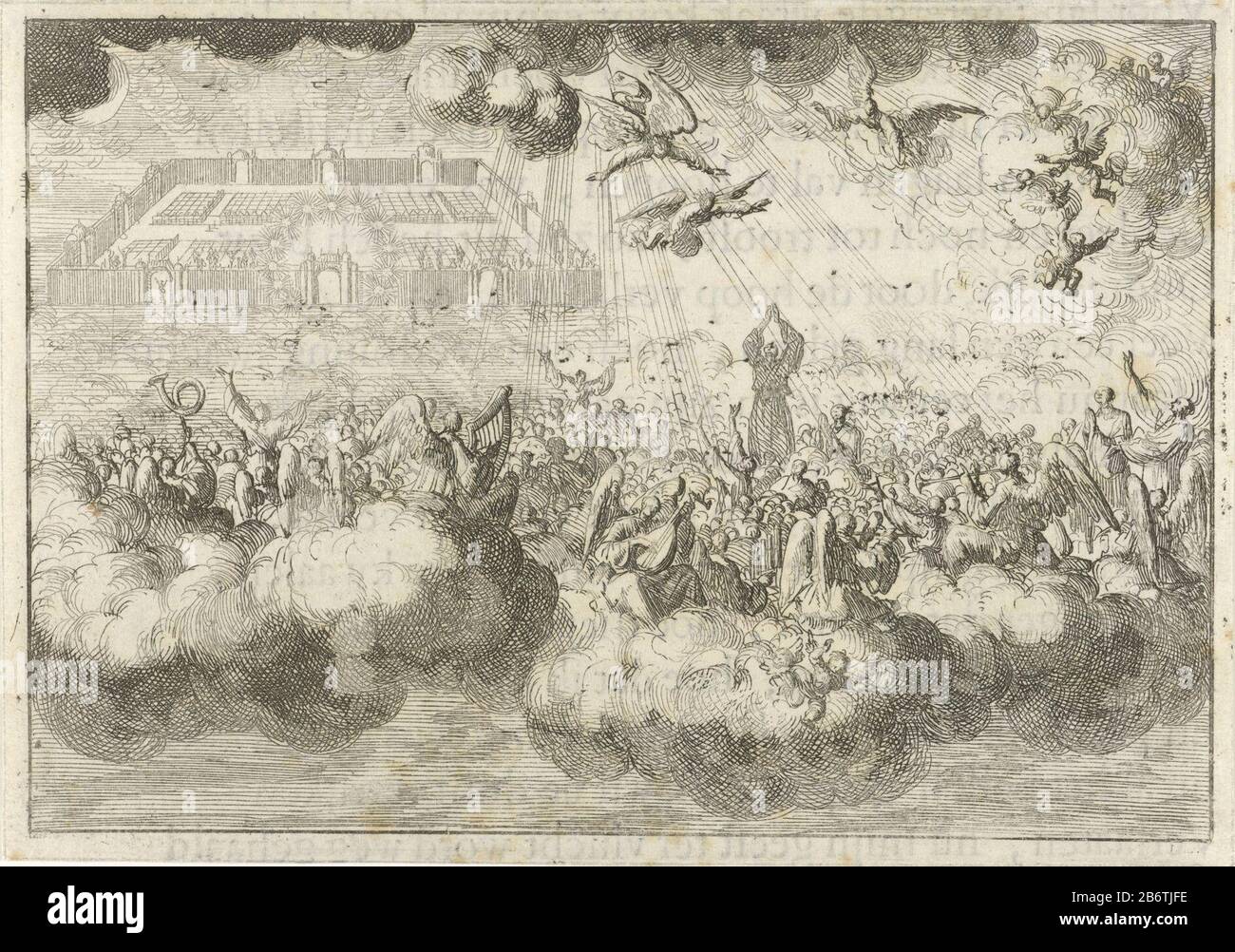 Het hemels Jeruzalem a rencontré lofzingende engelen en verlosten L'élection a avec l'aide d'anges, le bereikt de Jérusalem céleste. Fabricant : printmaker Jan Luyken (bâtiment classé) éditeur: David RuarusPlaats fabrication: Amsterdam Date: 1687 Caractéristiques physiques: Gravure et texte en typographie sur verso matériau: Papier technique: Gravure / impression formats: Feuille: H 92 mm × W 132 mToelichtingillustratie out: Ruarus, David. De la disparition du monde. Amsterdam: David Ruarus, 1687, P. 38. Objet: Le ciel représenté comme une ville de dernier jugement Banque D'Images