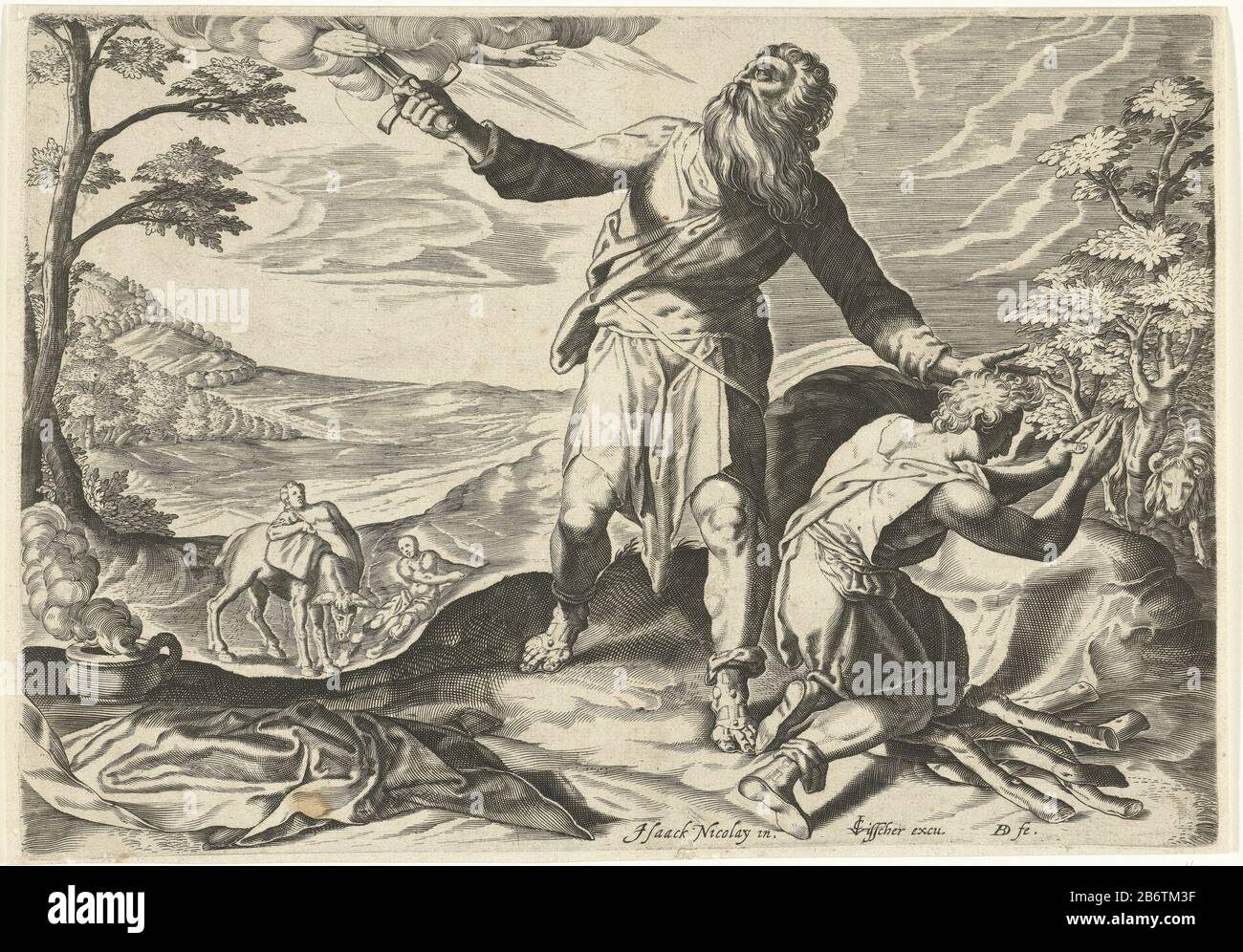 Het Offer van Abraham Abraham est sur le point de sacrifier le fils Isaac, mais tient la main de Dieu contre lui. Isaac s'agenouille sur une pile de branches. Dans les buissons, l'agneau a été vu est sacrifié au lieu d'Isaac. Au fond de la montagne, deux serviteurs attendent un ézel. Fabricant : Printmaker: Bartholomeus Willemsz. Dolando (bâtiment classé), conçu par Isaac Claesz. De Swanenburg (bâtiment classé) éditeur Claes Jansz. Visscher (II) (bâtiment classé) Lieu de fabrication: Printmaker: Leiden Éditeur: Amsterdam Date: 1589 - 1626 Caractéristiques physiques: Matériel automobile: Technique du papier: Engraa (processus d'impression) D Banque D'Images