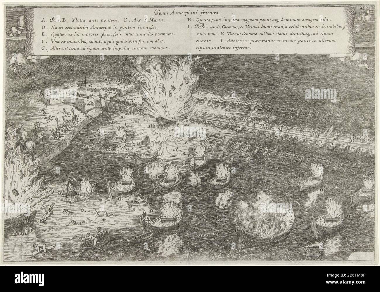 Het opplazen met les bradres van de schipbrug van de hertog van Parma, 1585 Pons Antverpiani fractura (objet titel op) en gonflant le pont ponton construit par le duc de Parme dans l'Escaut à travers les brûleurs, 5 avril 1585. En haut du groupe le titre et la légende al à Latijn. Fabricant : printmaker: Fabrication anonyme: Rome Date: 1645 - 1647 Caractéristiques physiques: Matériau de gravure: Technique du papier: Dimensions de gravure: Bord de la plaque: H 288 mm × W 413 mmToelichtingGebruikt comme illustration dans: Famiani Stradae Romani e Societate Iesv Le bello Belgico. Romae : ex typographia haeredum Banque D'Images