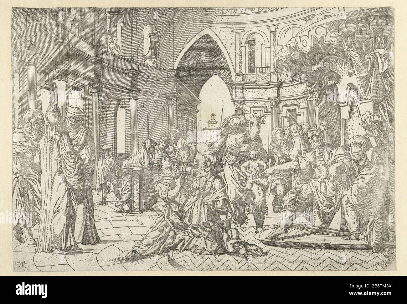 Het oordeel van Salomo Chambre circulaire intérieure avec colonnes Solomon se trouve sur le trône et des points avec le personnel. Pour lui agenouiller deux mères. La bonne mère pointe vers la mère pauvre qui a un enfant avec lui. Le bourreau avec lourd d prélevé contient un autre enfant vaste. Fabricant : printmaker: Monogrammist SAF (propriété cotée) Lieu de fabrication: Pays-Bas Date: 1530 - 1540 Caractéristiques physiques: Matériel de gravure: Technique du papier: Gravure Dimensions: Feuille: H 215 mm × W 310 mmToelichtNiet in Bartsch ou Holllstein. Filigrane: Kasteel Sujet: Solomon Indique la vraie mère et Banque D'Images