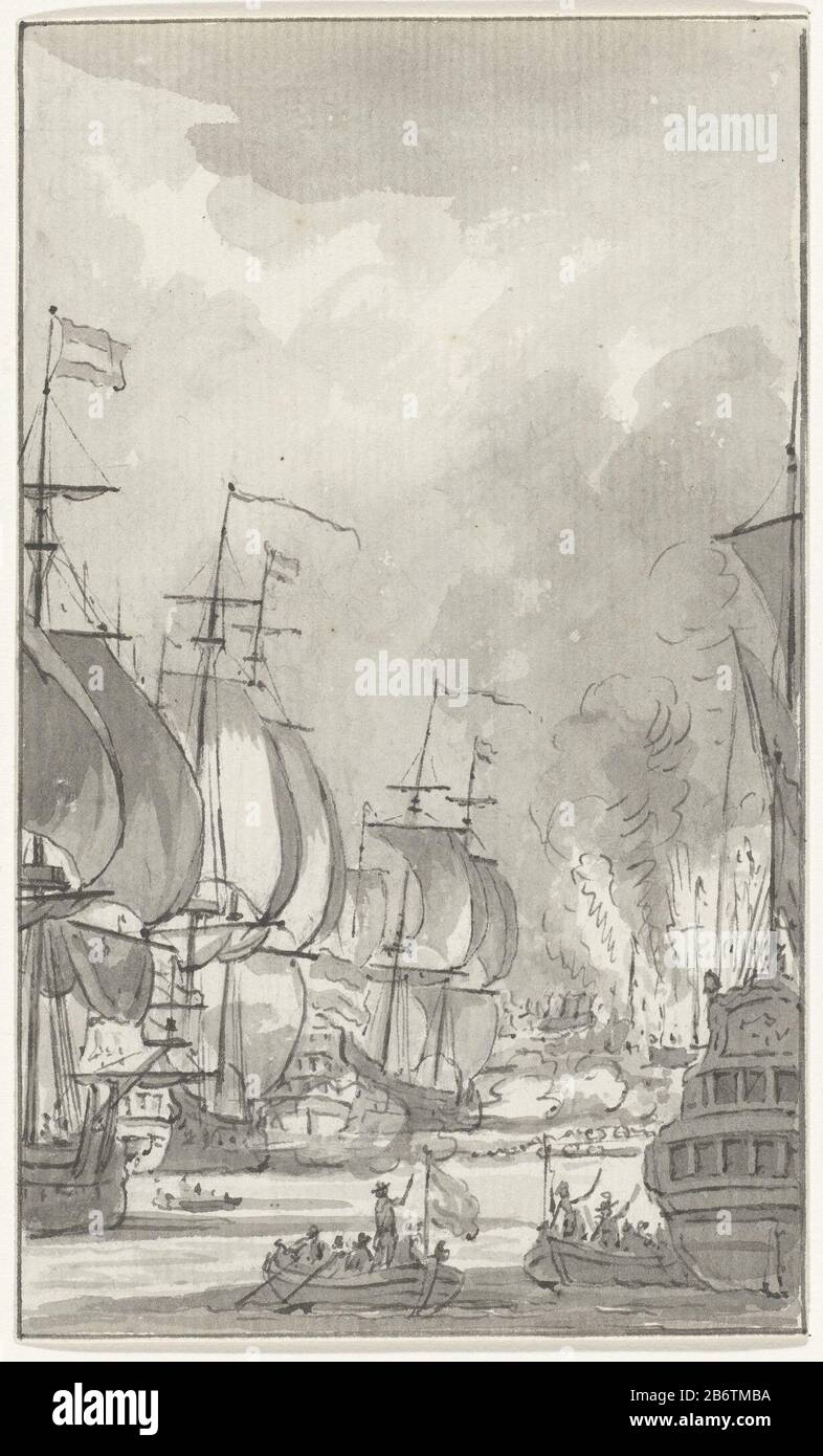 Het overvaren van de ketting à de Medway, 1667 Le passage sur la chaîne à Medway par le capitaine Jan van Brakel et son navire de Vreede et brûleurs Suzanna et Pro Patria, 22 juin, 1667 épisode du voyage à Chatham et destruction de la flotte anglaise les 20-23 juin 1667 par la flotte des États sous le Ruyter. Fabricant : artiste: Jacobus Buys Post production: Northern Netherlands Date: 1788 Caractéristiques physiques: Stylo et brosse en matière grise: Technologie d'encre de papier: Dimensions stylo / brosse: Feuille: H 150 mm × W 89 mmTekening pour illustration dans: James Cook, Vaderlandsch Dictionar Banque D'Images