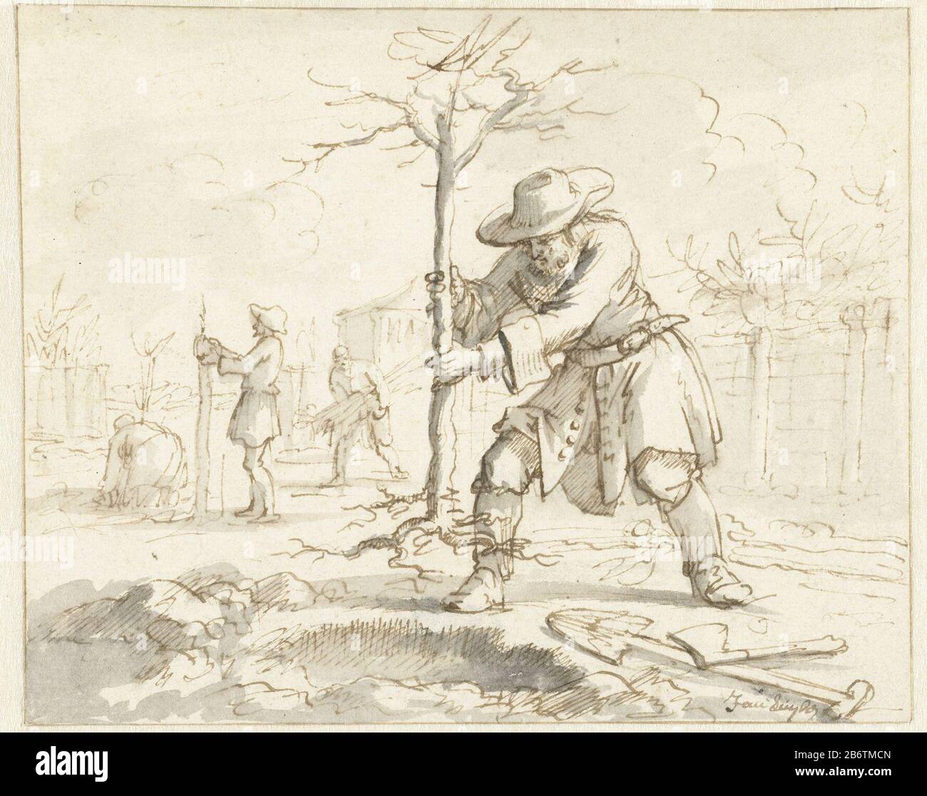 Het planten van nomen Avant-projet Possible prent. Fabricant : artiste: Jan Luyken Date: 1660 - 1712 Caractéristiques physiques: Stylo à encre brune gris matériau: Technologie de l'encre de papier: Dimensions du stylo / de la brosse: H 125 mm × W 155 mm Objet: Banque D'Images