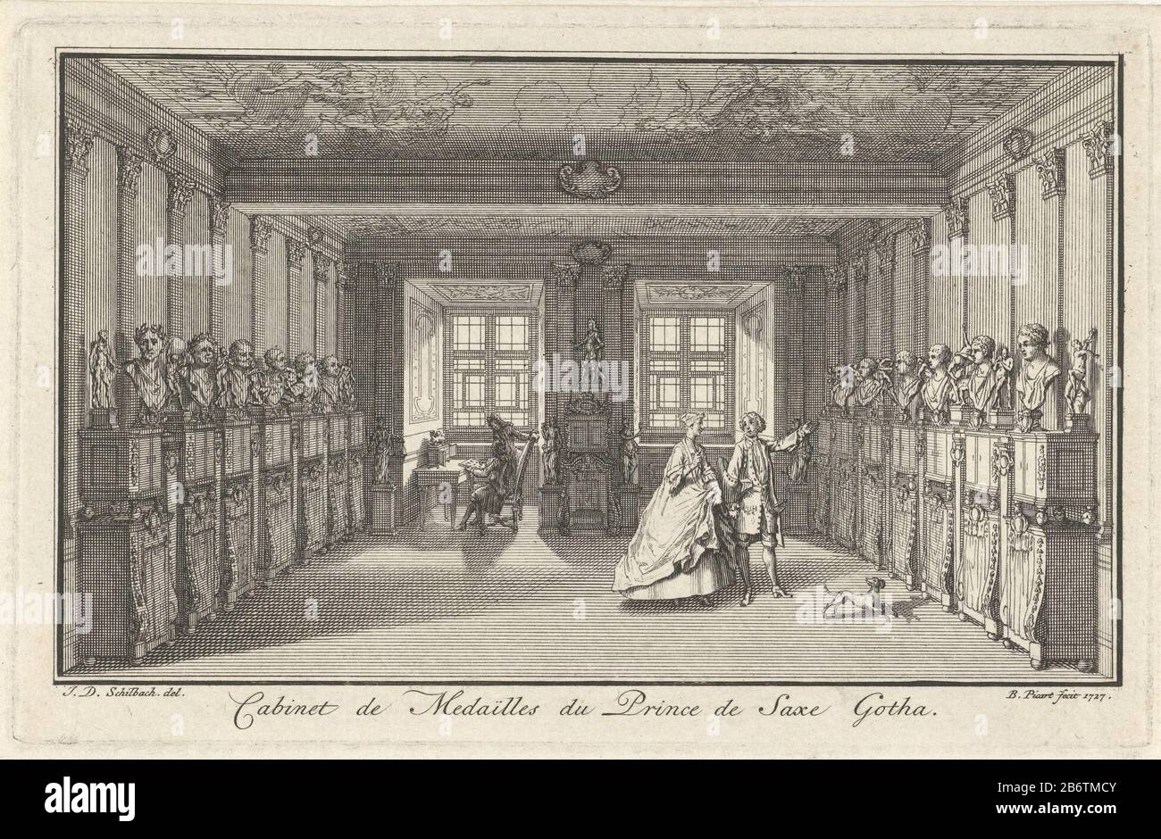 Un homme conduit une femme le long de bustes de portrait qui sont disposés le long des murs de l'armoire de pièces de John William, duc de Saxe-Gotha. Fabricant : printmaker: Bernard Picart (propriété cotée) au dessin: JD Peel Bach (propriété cotée) Lieu de fabrication: Amsterdam Date: 1727 Caractéristiques physiques: Gravure et engrafage matériau: Technique du papier: Gravure / engrafage (procédé d'impression) Dimensions: Bord de la plaque: H 103 mm × W 162 mm Objet: Cabinet de curiosités, 'Art und Wunderkammer'Wie Johann Wilhelm von Sachsen-Gotha-Altenburg Banque D'Images