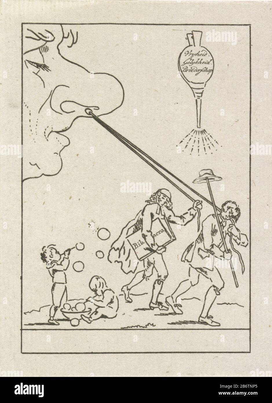 Het volk bij de neus genomen, 1796 Cartoon gauche avec une grande tête (le peuple), conduit par le nez de deux hommes: Un pasteur et un homme avec le chapeau de liberté sur une lance. Dans les soufflets aériens de la liberté, de l'égalité et de la Fraternité. En bas à gauche deux bulles de soufflage kinderen. Fabricant : printmaker Pieter van Woensel Lieu de fabrication: Pays-Bas Date: 1795 - 1796 Caractéristiques physiques: Matériel de gravure: Technique du papier: Gravure Dimensions: Feuille: H 119 mm × W 87 mmToelichtingGebruikt comme illustration dans Pieter van Woensel, Lantern pour 1796 par Amurath Effendi. Amsterdam. Objet: Parties du visage: Nez batavian Re Banque D'Images