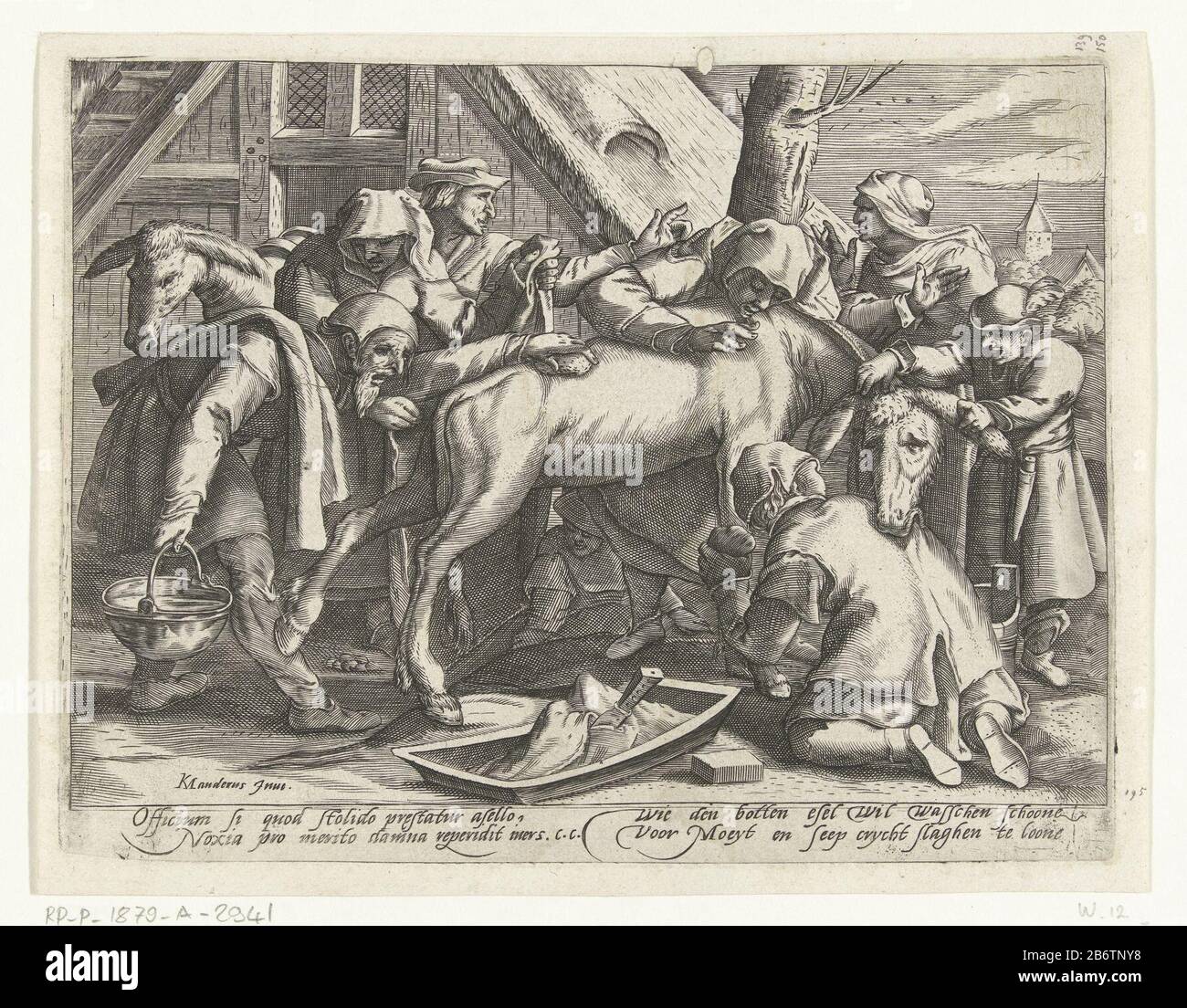 Het wassen van de ezel un groupe d'hommes essayant de laver un âne. Les hommes sont occupés avec des seaux, du savon et des serviettes dans le dos. Ce n'est pas leur apprécié. Le âne se lance avec ses jambes et morde l'un des hommes dans le dos. Dans la marge inférieure un verset en latin, signé CC, et un spreekwoord néerlandais. Fabricant : printmaker: Gillis van Bree à concevoir: Karel van Mander (I) (bâtiment classé) auteur: Inconnu (propriété cotée) Lieu de fabrication: Printmaker : Pays-Bas à concevoir Haarlem Dating: 1595 - 1605 Caractéristiques physiques: Matière automobile: Papier technique: Engraa (processus d'impression) Dimensions: Plaque ed Banque D'Images