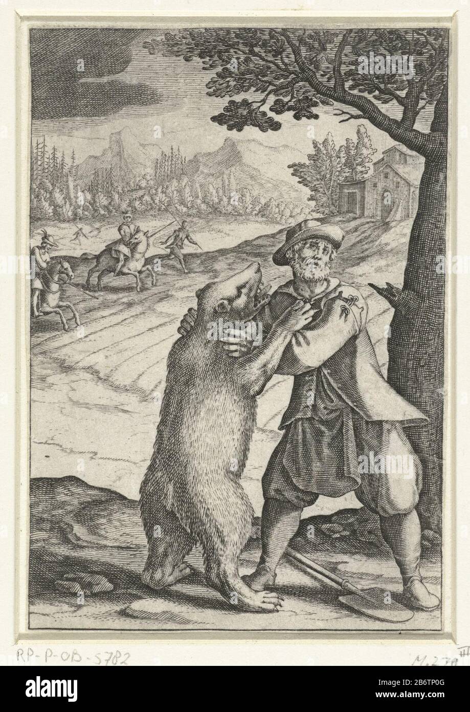 Het Wonder van Spadino en de bière un homme lutte avec un ours. En arrière-plan, deux cavaliers et deux piétons dans un paysage de montagne près d'un huisje. Fabricant : printmaker Jacques CallotPlaats fabrication: Florence Date: 1614 Caractéristiques physiques: Matière automobile: Papier technique: Engraa (impression) Dimensions: Feuille: H (coupe d'une partie de marge) 118 mm b × 81 mmToelichtGebruikt comme illustration dans: Gio. Angiolo Lottini, 'celta d'alcuni miracoli e grazie della Santissima nunziata di Firenze '(un livre sur les miracles fait par Notre Dame de l'Annunicatie Florence, trois éditions à Florence, Banque D'Images