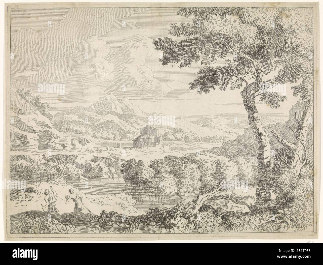 Heuvelachtig landschap a rencontré des herders Landschappen naar Gaspar Poussin (serietitel) Paysage Vallonné avec une maison au loin. Au premier plan, deux bergers errants. L'imprimé fait partie d'une série de paysages pour les peintures de Gaspar Poussin. Fabricant : Print maker, John Glauber à la peinture de: Gaspard DughetPlaats fabrication: Date inconnue: 1656 - 1726 Caractéristiques physiques: Matière de gravure: Technique du papier: Dimensions de gravure: Bord de la plaque: H 295 mm × b 392 mm Sujet: (Haute) colline (+ paysage avec chiffres, étalage) herding, herdsman, herdswoman, bergers, bergers, bergers, bergers, bergers, bergers, bergers, bergers, bergers, bergers, bergers, bergers, Banque D'Images