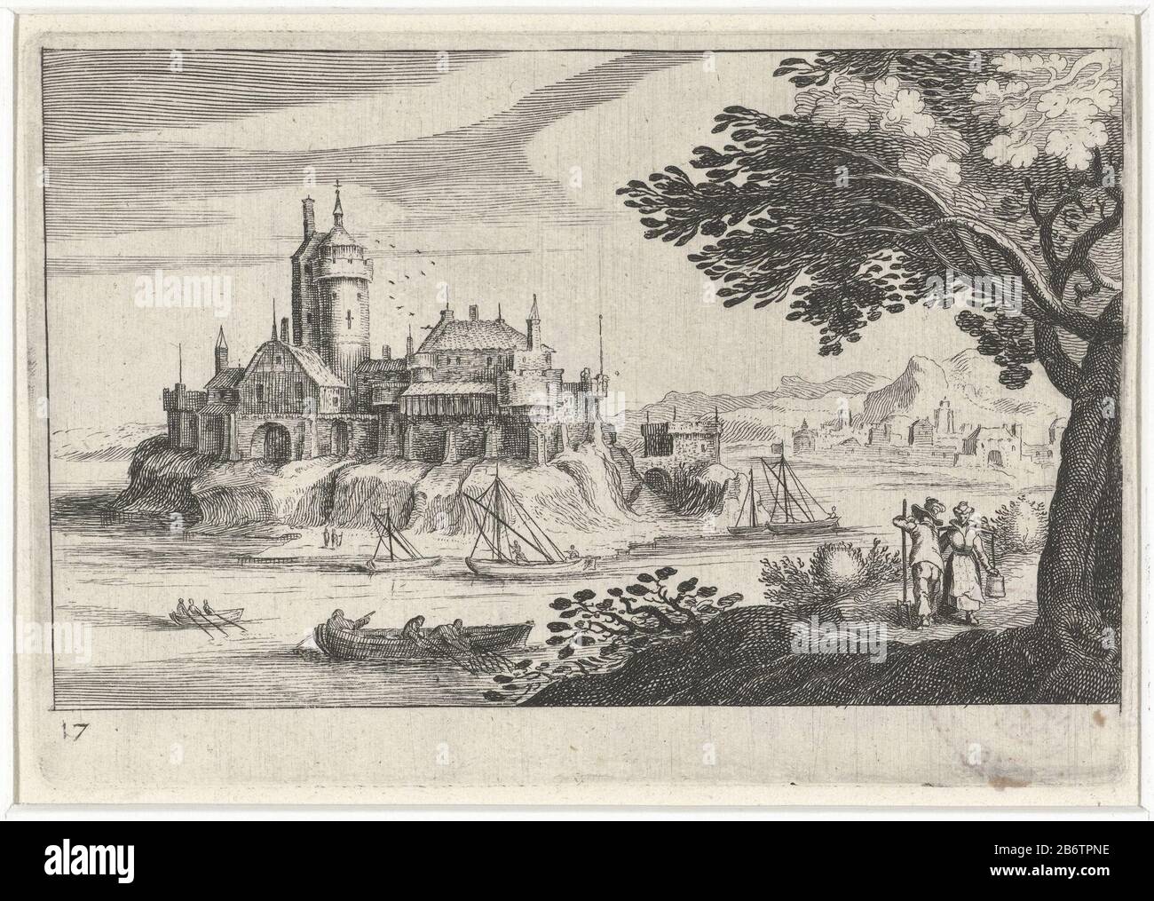 Heuvellandschap a rencontré een kasteel op een eiland Zuid-Europese landschappen (servietitel) Topographia variarum regionum (servietitel) Plusieurs bateaux dans l'eau autour d'un château. A droite, un homme et une femme de ménage à un boom. Fabricant : printmaker Simon Frisiusprentmaker: Hendrick Hondius (i) (attribué à) conception par: Matthijs Bril Éditeur: Hendrick Hondius (i) fournisseur de privilège inconnu fabrication de lieu: Printmaker: Northern Netherlands Imprimer auteur: Den Haag Éditeur: Den Haag Date: 1611 Caractéristiques physiques: Matière de gravure: Papier technique: Gravure: Dimensions: Bord: Bord: H 107 mm × l 1 Banque D'Images