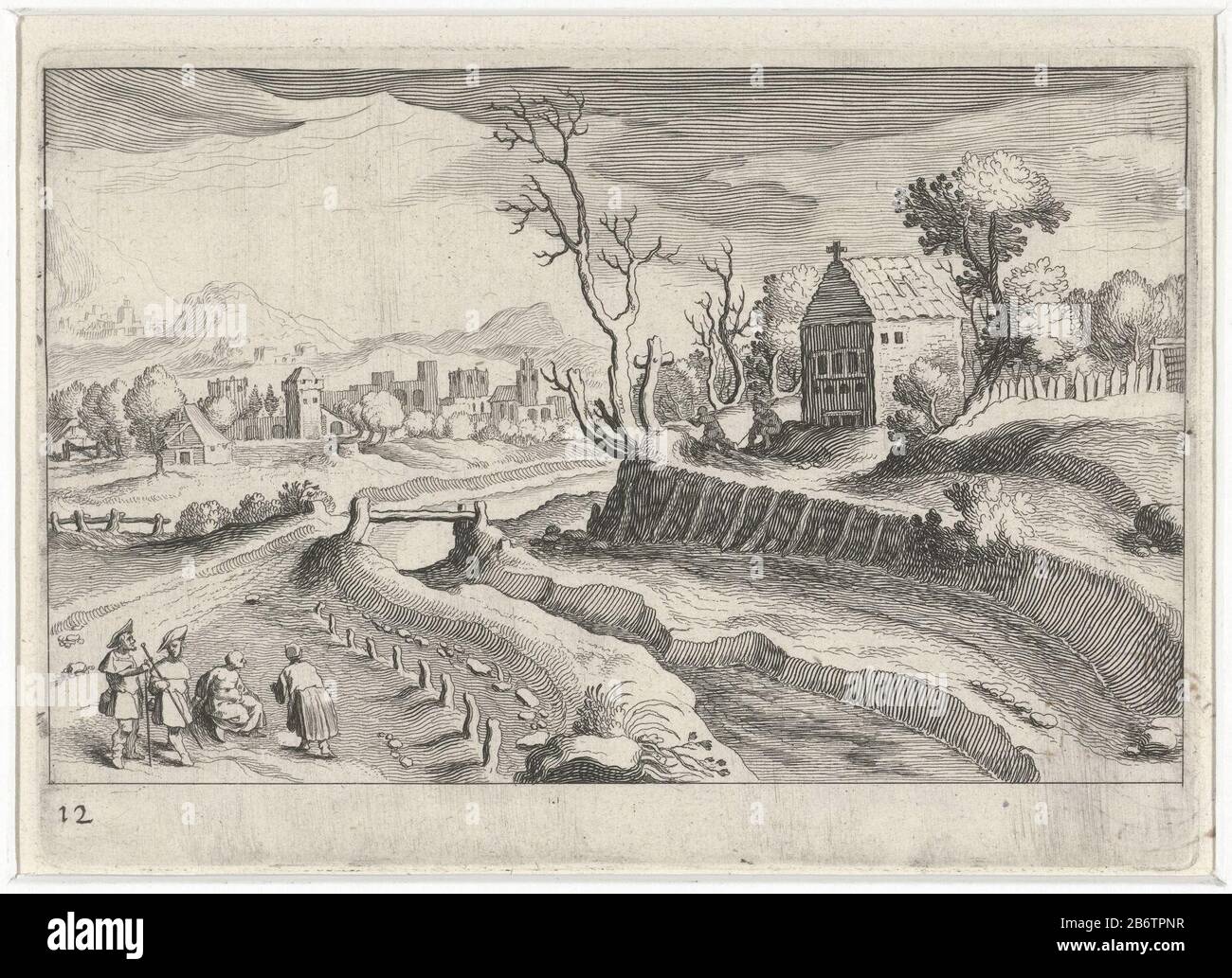 Heuvellandschap a rencontré een kapel Zuid-Europese landschappen (serietitel) Topographia variarum regionum (serietitel) paysage vallonné avec une chapelle sur une rivière. Dans la campagne quelques figuren. Fabricant : printmaker Simon Frisiusnaar design: Matthijs Bril Éditeur: Hendrick Hondius (I) fournisseur de privilège inconnu Fabrication de lieux: Printmaker: Northern Netherlands Éditeur: La Haye Date: 1611 Caractéristiques physiques: Gravure: Technique papier: Gravure Dimensions: Bord de la plaque: H 110 mm × W 154 mm Sujet paysage Banque D'Images