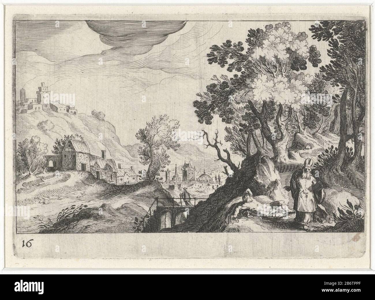 Heuvellandschap a rencontré de Barmhartige Samaritaan Zuid-Europese landschappen (serietitel) Topographia variarum regionum (serietitel) Le Bon Samaritain se tient à côté d'un homme blessé dans un paysage vallonné. En arrière-plan exécute une figure sur un brug. Fabricant : printmaker Simon Frisiusnaar design: Matthijs Bril Éditeur: Hendrick Hondius (I) fournisseur de privilège inconnu Fabrication: Printmaker: Northern Netherlands Éditeur: La Haye Date: 1611 Caractéristiques physiques: Gravure: Technique papier: Dimensions de gravure: Arête de plaque: H 106 mm × W 153 mm Sujet: Le bon Samaritan (Luc 10: 30 Banque D'Images