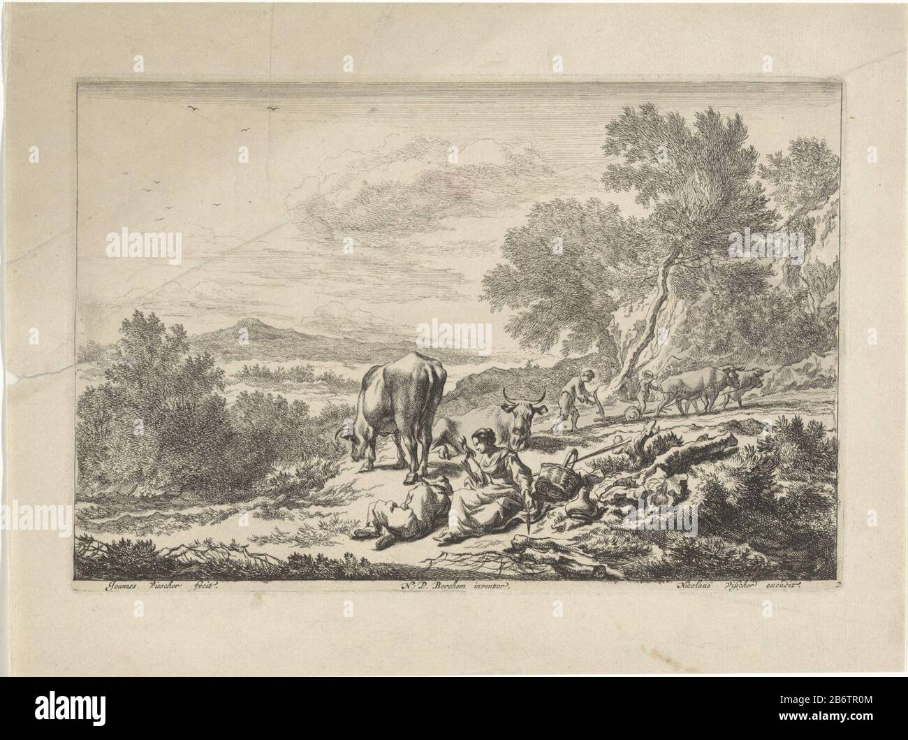 Heuvellandschap a rencontré des herders en boeren Pastorale landschappen naar Berchem I (serietitel) Dans une colline un berger et une bergers parmi leur bétail pour se reposer. Le bergers tourne la laine et le berger semble prendre une sieste. En arrière-plan, deux hommes travaillent avec le grond de bétail. Fabricant : printmaker Jan de Visscher (propriété cotée) conçu par: Nicolaes Pietersz. Berchem (inscrit sur l'objet) éditeur: Nicolaes Visscher (i) (bâtiment classé) Lieu de fabrication: Printmaker: Northern Netherlands Éditeur: Amsterdam Date: 1643 - 1709 Caractéristiques physiques: Gravure et engrama matériel: Paper Techniq Banque D'Images