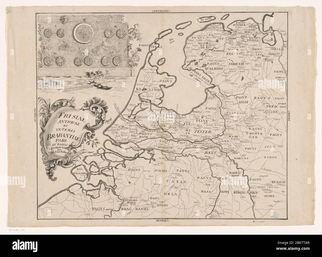 Historische kaart van Nederland in de laat-Romeinse tijd Frisiae antiquae et vetei Brabantiae pars in pagos distribula (objet op titel) carte historique des Pays-Bas à la fin de la période romaine, divisée en shires (pagi). En haut à gauche un mur, avec plusieurs pièces de monnaie romaine tardive et chrétienne ancienne et Frankish. En dessous de la barre d'échelle: Milli Aria Germanica COMMUNIA. Ci-dessous titelcartouche. Fabricant : printmaker: Johann Georg Schmidt (bâtiment classé) Editeur: Johann Friedrich Falken (propriété cotée) Lieu de fabrication: Braunschweig Date: Env. 1730 Caractéristiques physiques: Gravure et engrat matériel: Papier Banque D'Images