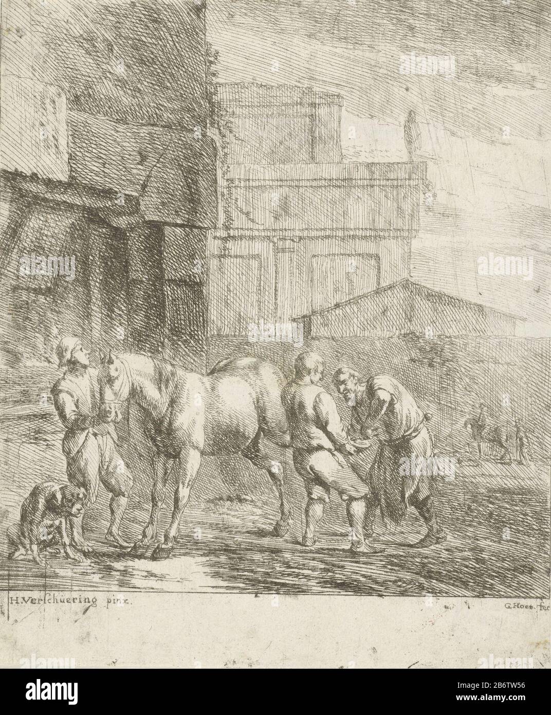 Hoefsmid Trois figures et un chien avec un cheval, couvert par un farrier. En arrière-plan un classique bouwwerk. Fabricant : printmaker Gerard Hoet (I) (bâtiment classé) à peindre: Hendrik Versching (propriété cotée) Lieu de fabrication: Inconnu Date: 1658 - 1733 Caractéristiques physiques: Matière de gravure: Technique du papier: Gravure Dimensions: Feuille : h 181 mm (découpée au bord de la plaque) × W 150 mm Objet: Farrier, raquette cheval-smith Banque D'Images