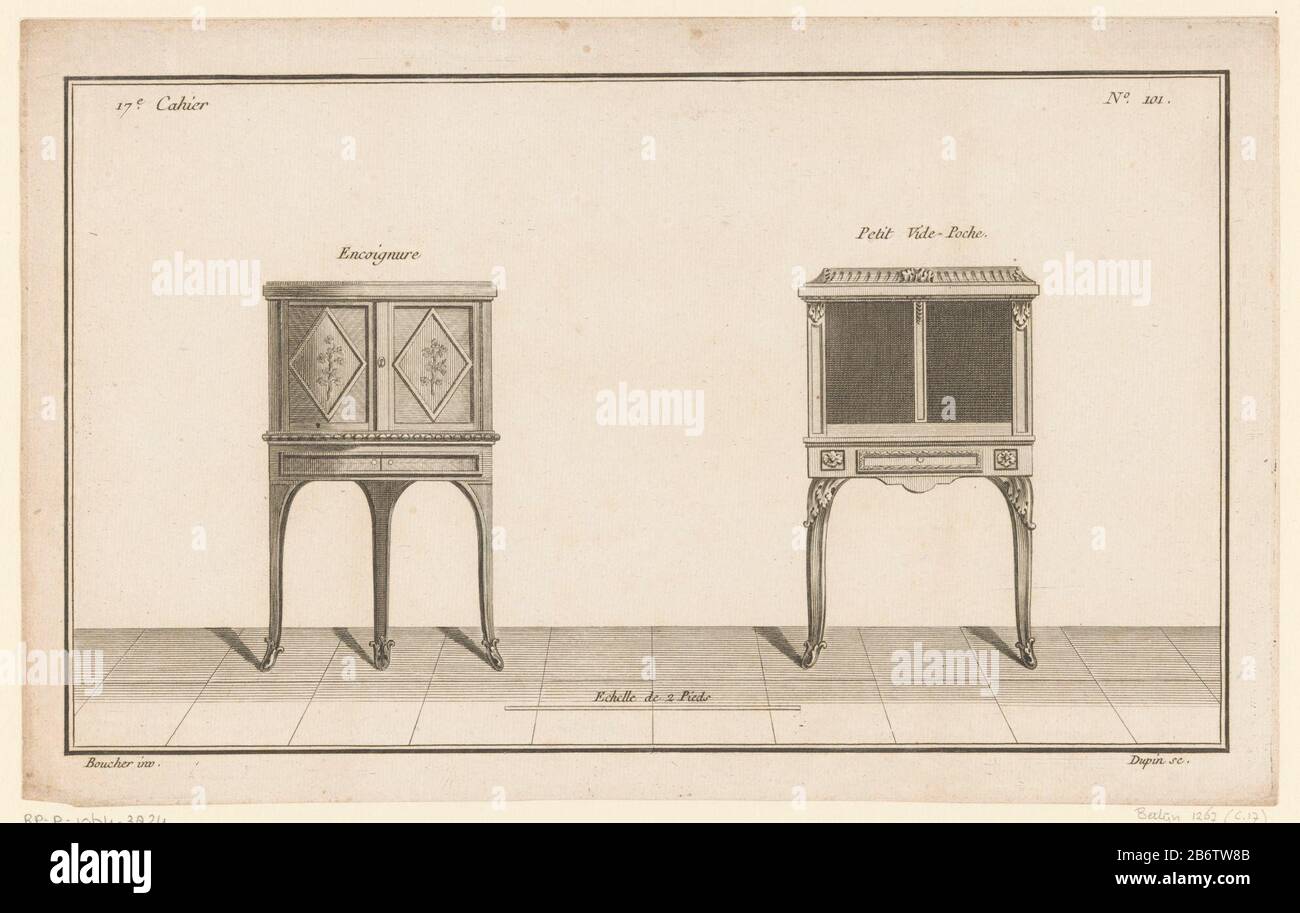 Hoekkast en vide poche Encogignure, petit vide-poche (objet titel op) Tafels en chiffonieres (servietitel) 17 e Cahier (objet servietitel op) gauche un placard d'angle orné d'un motif floral, une vide poche droite ortie. Imprimer Le Numéro 101. Fabricant : printmaker: Nicolas Dupin (propriété cotée) conçu par: Juste Nathan François Boucher (bâtiment classé) Editeur: Charles le Père & Pierre-Michel AvaulezPlaats fabrication: Paris Date: 1772 - 1779 Caractéristiques physiques: Gravure et engring matériaux: Papier technique: Gravure / engring (impression) Dimensions: Bord: H 204 mm × l 325 m Banque D'Images