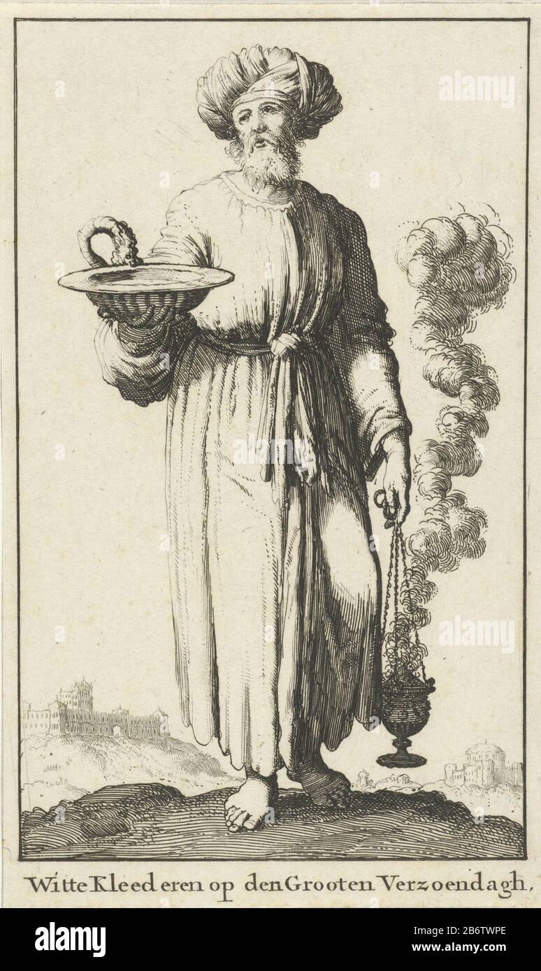 Hogepriester in witte liturgische kleding behorend bij de Grote Verzoendag (variante A) Witte Kleederen op den Grooten Verzoendagh (objet titel op) prêtre en vestons liturgiques blancs appartenant à la Journée de l'expiation (variante A) robes blanches sur le Grand Verzoendagh (objet titre) type: Photo-919368-illustration: Van Eeghen 428 Inscriptions / marques: Marque du collectionneur, verso, estampillée: Lugt 2228 Fabricant : printmaker Jan Luyken Éditeur: Willem Goeree Lieu de fabrication: Amsterdam Date: 1682 Caractéristiques physiques: Matière de gravure: PA Banque D'Images