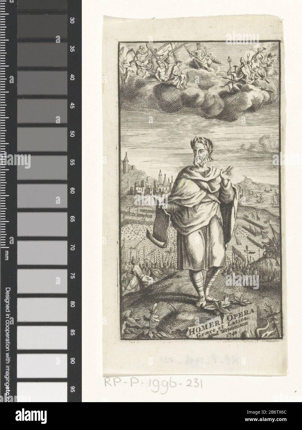 Homerus met papierrol Homeri Opera Graece et Latine (objet titel op) Homerus staat op een berg met een papierrol dans la main zijn. Op de achtergrond twee legers en de verte een stad. À de wolken de Olympische goden. Fabricant : fabricant: Anoniemuitgever: Jacobus Wetstein (vermeld op object)Plaats fabriquent: Amsterdam Dating: 1742 matériau: Papier Techniek: Graveren (drukprocedé) / etsen Dimensions: Plaatrand: H 117 mm × b 64 mmToelielightingelijk tieen telpagina. Objet: (Histoire de) Homeralle Olympiche goden bij elkaar: Jupiter, Juno, Neptunus, Ceres, Apollo, Diana, Mars, Vénus, Mercu Banque D'Images