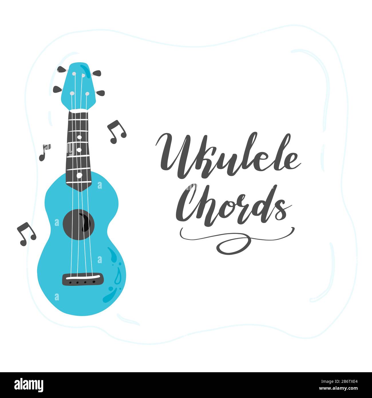 Joli ukulele de dessin animé pour affiche d'été, motif carte avec texte lettrage Ukulele Chords. Petite guitare, instrument de musique à cordes de style hawaï. Illuataration vectorielle de style simple dessiné à la main. Illustration de Vecteur