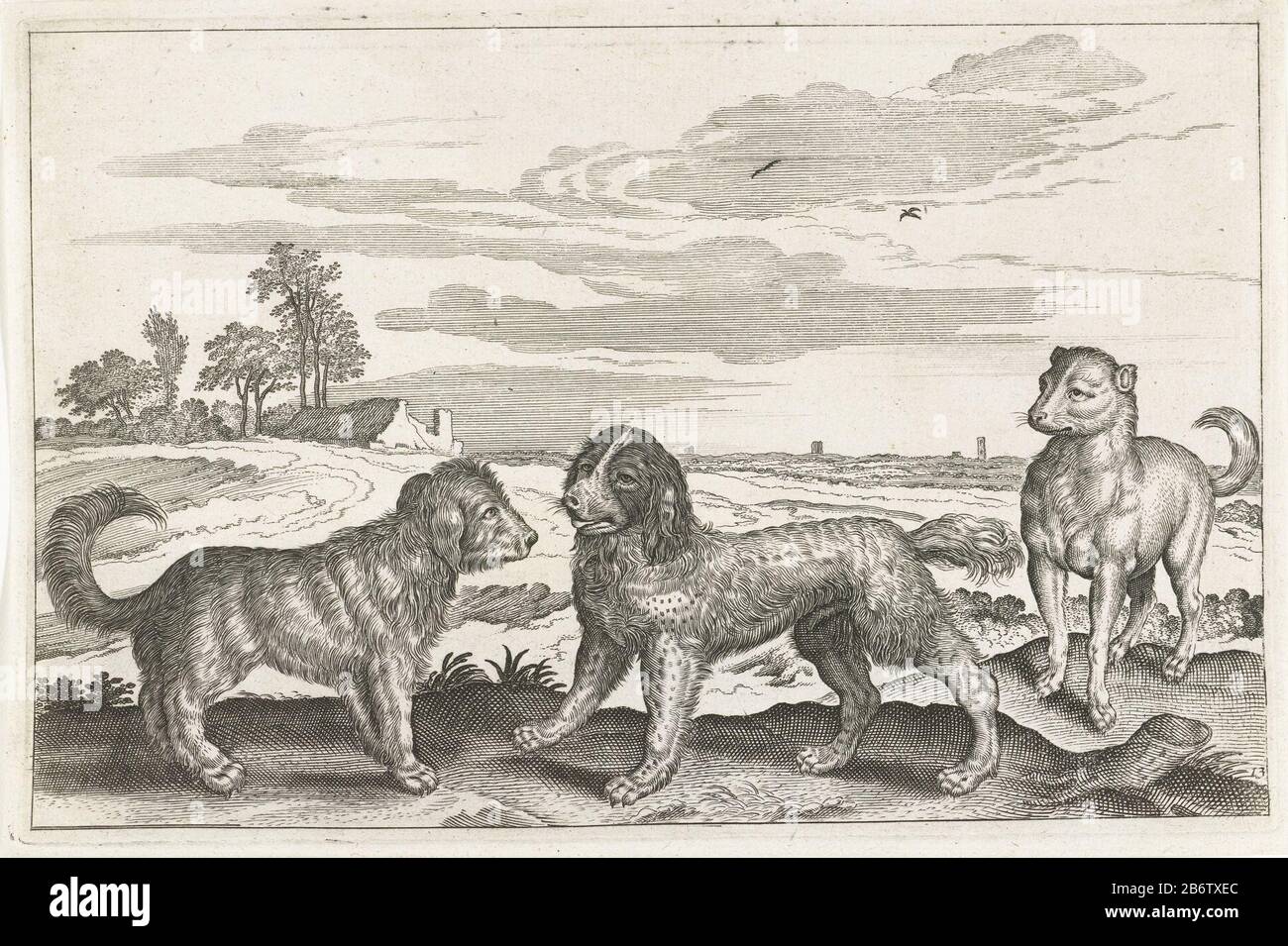 Honden Vierpotige dieren (serietitel) Animalivm Qvaddrvpedvm (serietitel) Au premier plan trois chiens. En arrière-plan un paysage. L'imprimé fait partie d'une série d'animaux comme Onderwerp. Fabricant : à un dessin par: Adriaen Collaertprentmaker: Éditeur anonyme: Nicolaes Visscher (i) (attribué à) Lieu de fabrication: A design by: Antwerpen Print auteur: Éditeur inconnu: Amsterdam Date: 1628 - 1679 Caractéristiques physiques : engrala technique papier: A (processus d'impression) / dimensions de gravure: EDGE: H 130 mm × W 195 mm Subjectdogriver Banque D'Images