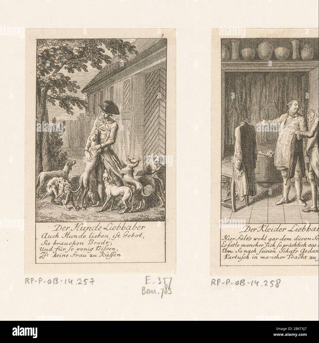 Hondenliefhebber Haut-droite numéroté 9. Légende dans les Duits. Fabricant : printmaker Daniel Nikolaus ChodoWie: CkiPlaats fabrication: Berlin Date: 1780 matériau: Technique du papier: Dimensions de gravure: Feuille: H 94 mm (bord de la plaque intérieure découpée) × W 58 mm (bord de la plaque intérieure découpée) Commentaires impression utilisée: Königl. Grossbr. Genealogischer Calendar auf das Jahr 1781 Lauenburg: J.G. Berenberg, [1780] . Objet: Chien Banque D'Images