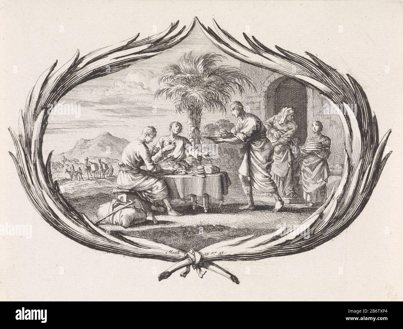 Hongerigen spijzen un spectacle dans une cartouche de branches de palmiers. Assis à une table devant une maison, deux voyageurs mangent. Ils ont des bols avec la nourriture d'un homme et de sa famille. La cartouche est le tapis de référence de la Bible. 25: 35. Fabricant : printmaker Jan Luyken Editeur: Pieter Mortier (I) Lieu de fabrication: Amsterdam Date: 1700 Caractéristiques physiques: Matière de gravure: Technique du papier: Gravure Dimensions: Feuille: H 114 mm × W 153 mmToelichting Banque D'Images