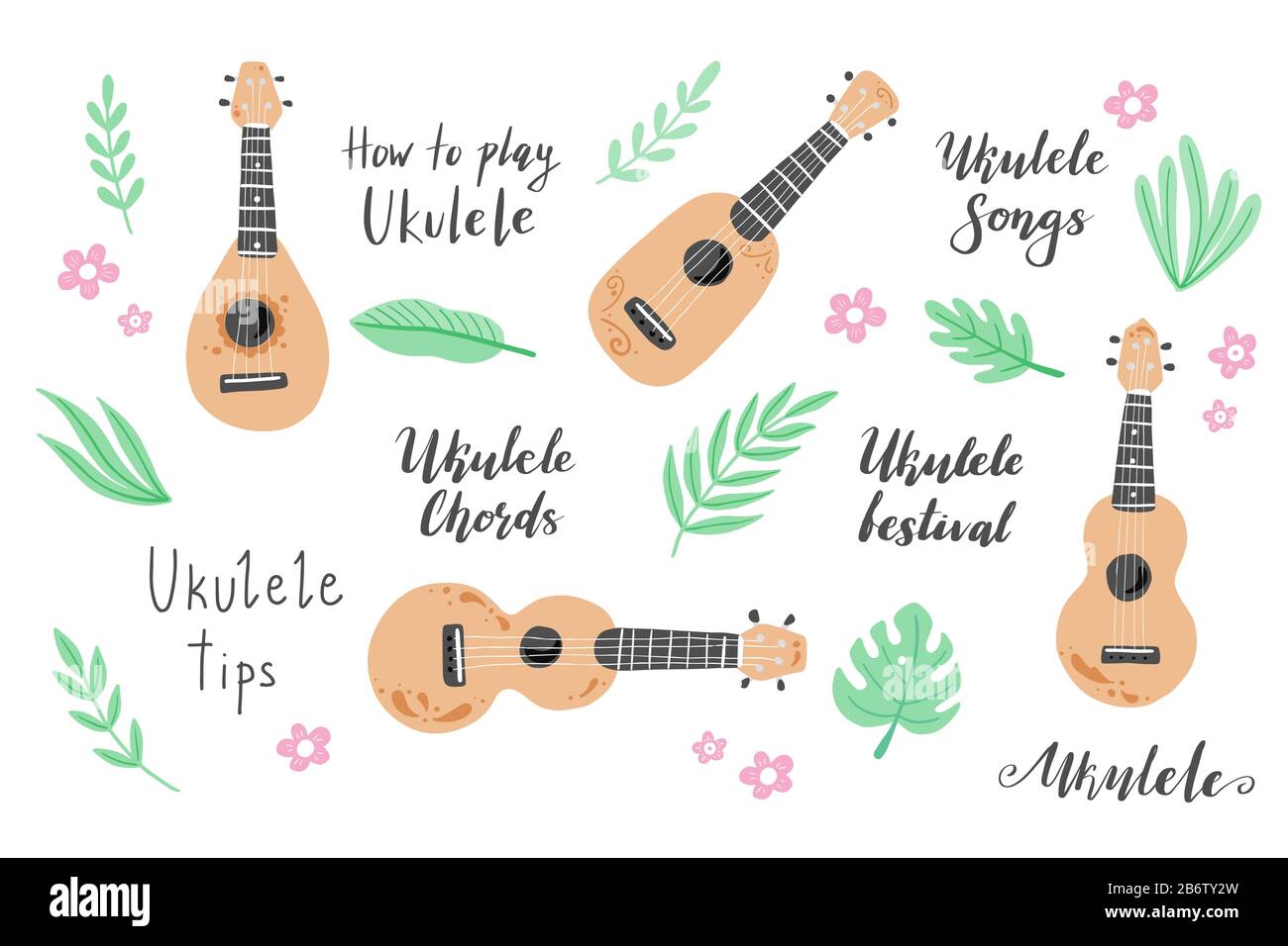 Ensemble de dessin animé ukulele avec texte lettrage pour le cours ukulele, canal, logo design. Petite guitare avec feuille tropique, décoration florale de style hawaï. Illuataration vectorielle du style dessiné à la main. Illustration de Vecteur