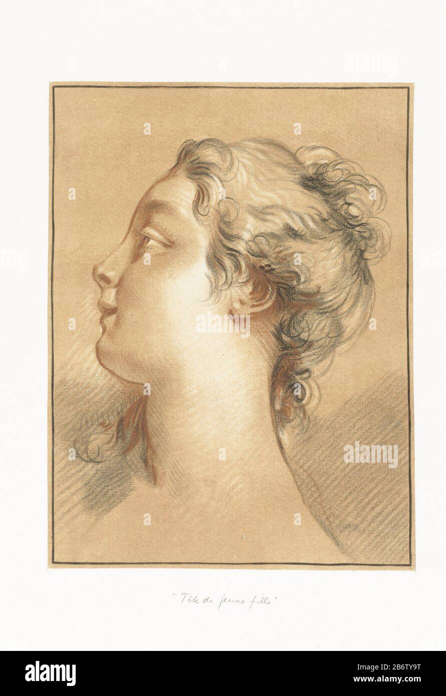 Chef d'une jeune femme en profil à des liens. Fabricant : printmaker Gilles Demarteaunaar dessin de François Boucher Éditeur: Gilles DemarteauPlaats fabrication: Printmaker: France Éditeur: Paris Date: 1756 - 1776 Caractéristiques physiques: Crayonmanier en sanguine, noir, blanc et brun matériel: Papier: Technique crayonmanier / couleur dimensions: Feuille : h 212 × W 160 mm Sujet: Tête (humaine) - AA - figurine humaine féminine (+ vue latérale, profil) Banque D'Images