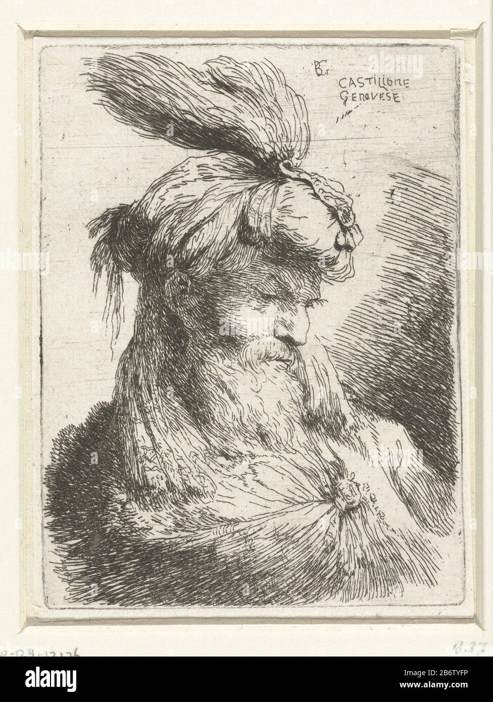 Hoofd van een oude man met een tulband met pluim Kleine stupe van hoofden met oosterse hoofddeksels (servietitel) Un vieil homme, regardant vers le bas. Il porte un turban avec une plume sur le dessus. Imprimez à partir d'une série de zestien. Fabricant : fabricant d'impression: Giovanni Benedetto Castiglione (indiqué sur l'objet), à son dessin: Giovanni Benedetto CastiglionePlaats fabrication: Italie Date: 1645 - 1650 Caractéristiques physiques: Matière de gravure: Papier technique: Dimensions de gravure: Bord de la plaque: Série de têtes H 109 mm × b 81 mmToelichtingDeze avec coiffures orientales inspirées par des gravures similaires de Rembrandt et Liev Banque D'Images