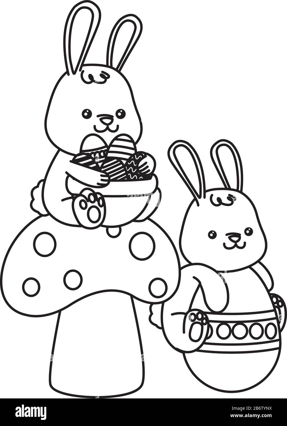 mignons petits lapins avec des œufs peints en champignons Illustration de Vecteur