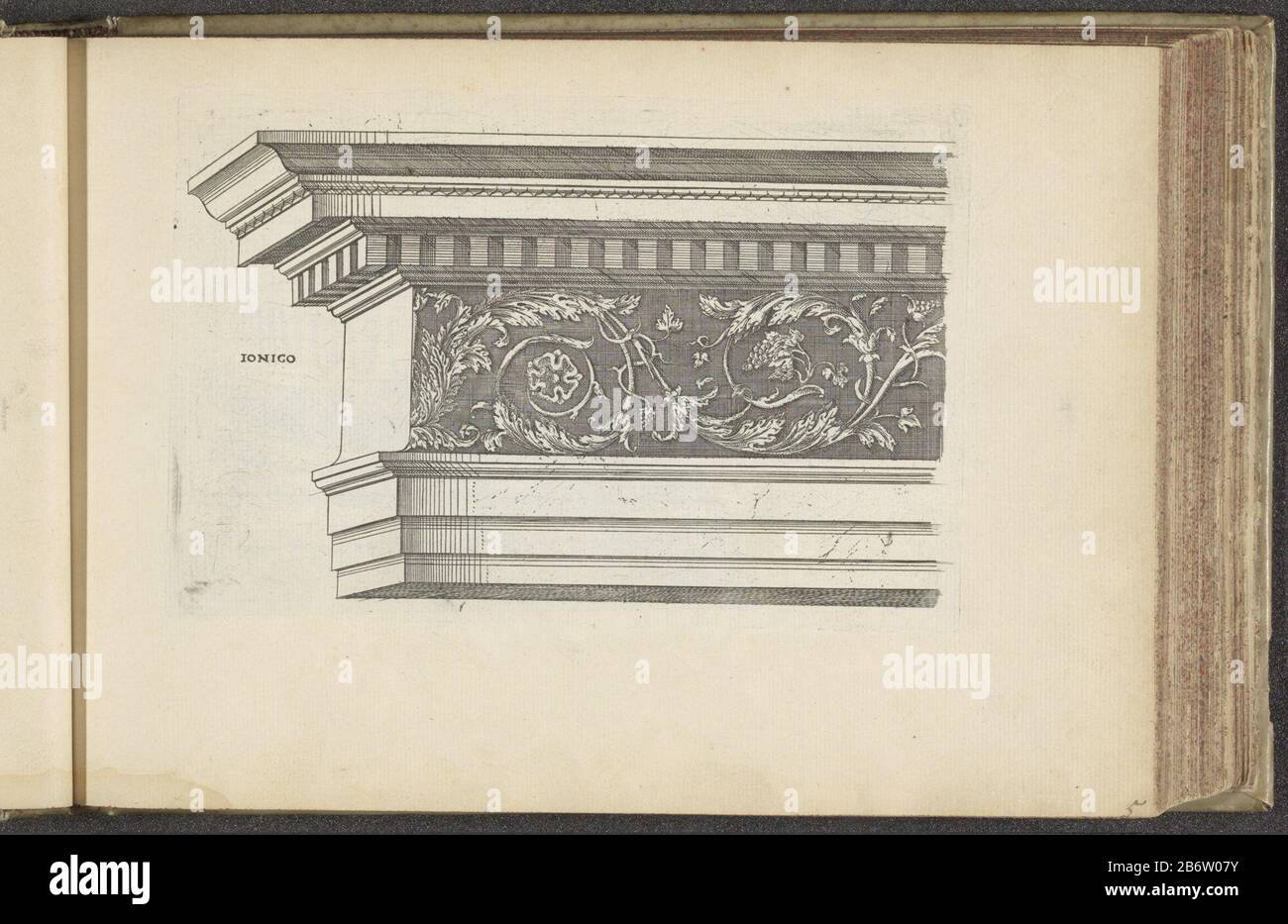 Hoofdgestel van de Ionische orde Ionico (objet op) Zuilenorden (serietitel) Entablature de l'ordre ionique. Cette impression fait partie d'un album. Fabricant : Print Maker: Anonyme à un dessin par: Jacques Androuet (possible) Date: 1601 - 1651 Caractéristiques physiques: Matière de gravure: Technique du papier: Dimensions de gravure: Bord de la plaque: H 122 mm × W 183 mm Objet: Ordre ionique  architecture Banque D'Images