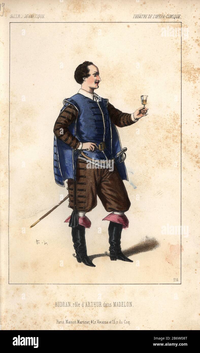 Audran dans le rôle d'Arthur dans le "madon" un opéra comique de François Bazin, 1852. Lithographie colorée par Alexandre Lacauchie de 'Galerie Dramatique: Costumes des théâtres de Paris' CA. 1860. Banque D'Images