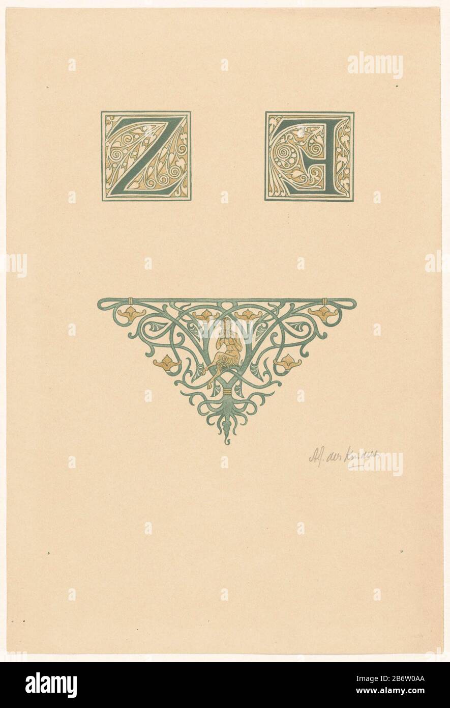 Hoofdletters E en Z en vignet met sater en panfluit les lettres majuscules sont entourées d'un cadre carré. Les autres formes sont remplies de motifs végétaux. Parmi la vignette triangulaire supérieure décorée de motifs végétaux et au milieu un satyr qui panpipe bespeelt. Fabricant : printmaker: Antoon Derkinderen (personnellement signé) éditeur: Cornelis Marinus van Gogh Date: 1896 Caractéristiques physiques: Lithographie de couleur; échantillon d'essai sur feuille non coupée matériau: Technique du papier: Lithographie de couleur (procédé) Dimensions: Feuille: H 323 mm × W 220 mToelichtPrent utilisé pour: Veth, Jan Commemorative Book Banque D'Images