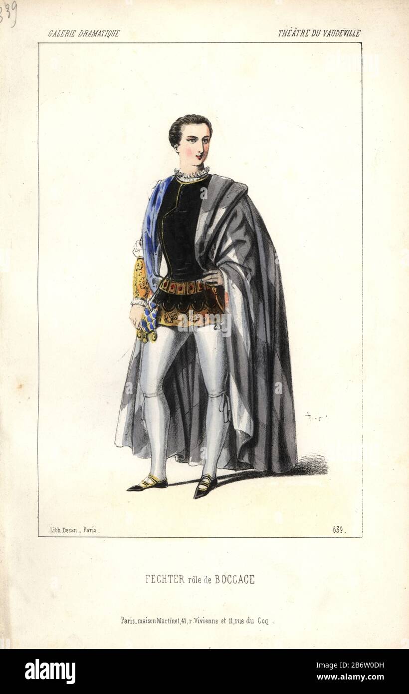 Charles Albert Fechter dans le rôle de Boccace (Boccaccio) au Théâtre du Vaudeville. Fechter (1824-1879) a joué neuf rôles dans cette mise en scène de 'Les Tales de Boccaccio.' Lithographie Colorée À La Main par Alexandre Lacauchie de 'Galerie Dramatique: Costumes des théâtres de Paris' 1853. Banque D'Images