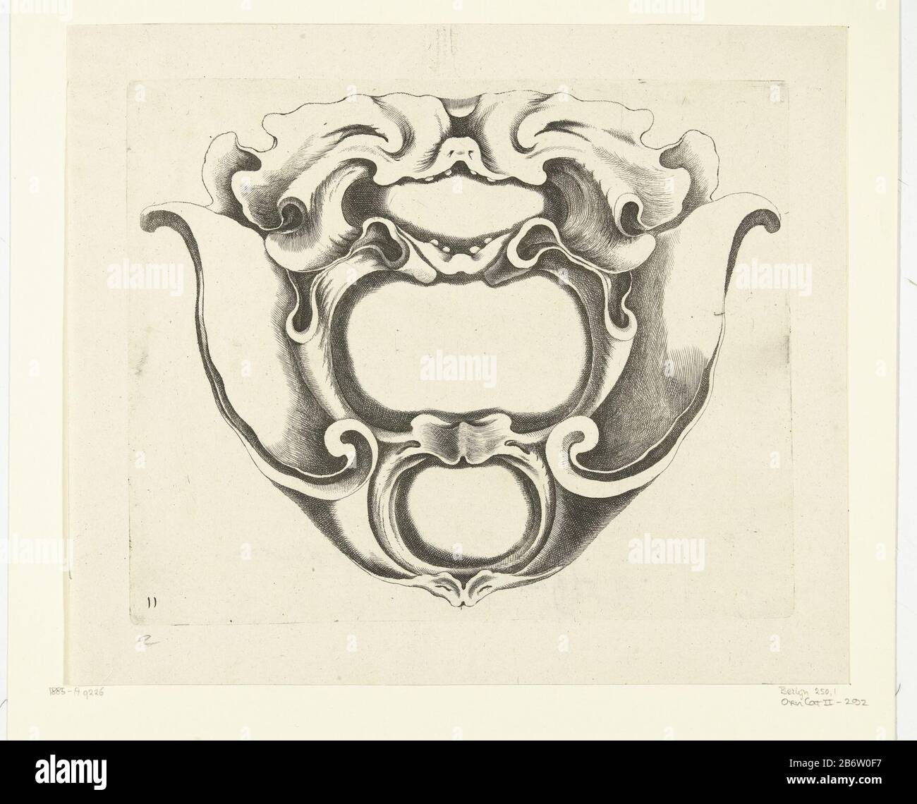 Hoofdvormige cartouche Veelderhande Nieuwe Comparer (serietitel) Trois compartiments l'un en dessous de l'autre. En haut se trouve la tête d'un échantillon à zien. Fabricant : machine à imprimer: Jacob Lutmanaar design: Johannes Lutma (1584-1669) éditeur: Frederick The WitPlaats fabrication: Amsterdam Dating: CA. 1654 - ca. 1678 matériau: Technique du papier: Dimensions de gravure: Bord de la plaque: H 184 mm × L 224 mm Objet:  cartouche ornement Banque D'Images