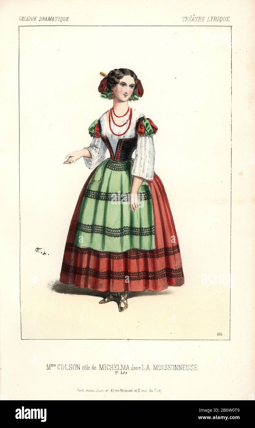 Mme. Colson comme Michelma dans 'La Moissonneuse" au Théâtre Lyrique. Pauline Marchand (Madame Colson) était un chanteur d'opéra français. Lithographie coloriée par Alexandre Lacauchie de 'Galerie dramatique : les costumes des théâtres de Paris 1853. Banque D'Images