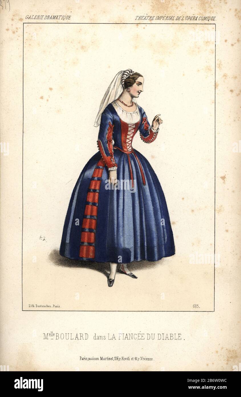 Mlle. Boulard dans 'La Fiancée du diable" à l'Opéra Comique. Mlle Boulard a été appelé 'très ordinaire' et 'mediocre' par les critiques. Lithographie coloriée par Alexandre Lacauchie de 'Galerie dramatique : les costumes des théâtres de Paris 1853. Banque D'Images