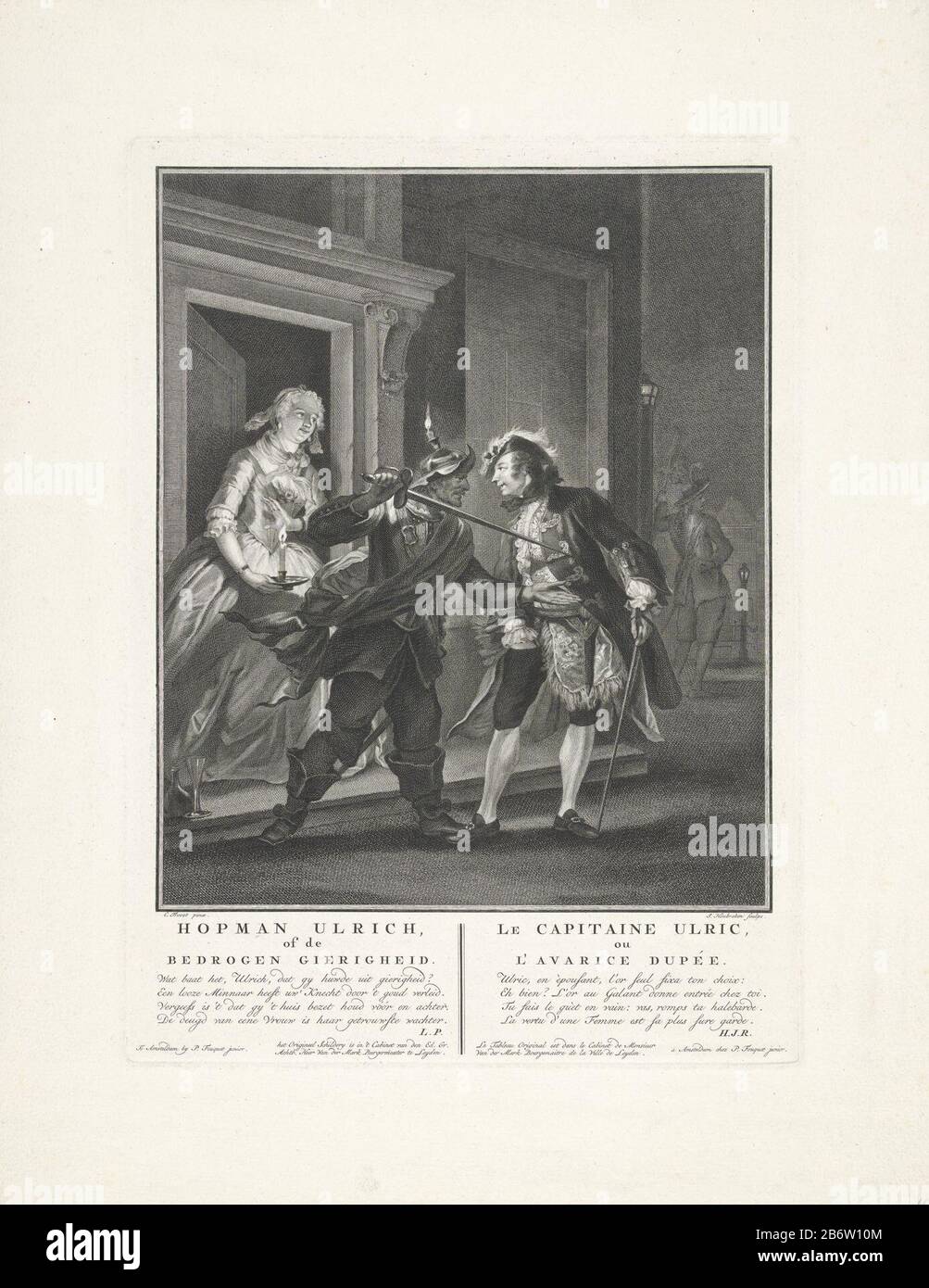 Hopman Ulrich de robegen gierigheid de omkoping une garde avec une lourde d demande un jeune homme (Godefroy), qui secret la nuit à sa bien-aimée (Sybille) vient à visiter, pour faire de l'argent. L'homme atteint dans sa poche. La femme tient une bougie. Sur le trottoir se trouvent un verre et une bouteille. Arrière-plan droit, deuxième garde. Scène de la comédie 'Hopman Ulrich ou trompé avarice' Johan van Paffen Red de 1661, dans laquelle le caractère miserly Ulrich est trompé par sa femme Sybille, bien qu'il laisse sa garde. Son amant Godefroy acheter l'horloger om. Fabricant : printmaker Jacob Houbraken (répertorié Banque D'Images