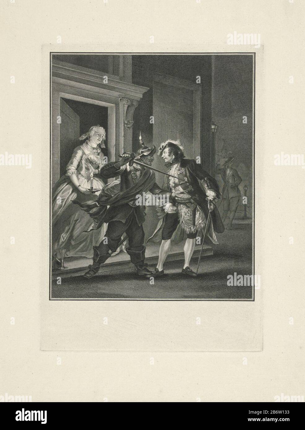 Hopman Ulrich de robegen gierigheid de omkoping une garde avec une lourde d demande un jeune homme (Godefroy), qui secret la nuit à sa bien-aimée (Sybille) vient à visiter, pour faire de l'argent. L'homme atteint dans sa poche. La femme tient une bougie. Sur le trottoir se trouvent un verre et une bouteille. Arrière-plan droit, deuxième garde. Scène de la comédie 'Hopman Ulrich ou trompé avarice' Johan van Paffen Red de 1661, dans laquelle le caractère miserly Ulrich est trompé par sa femme Sybille, bien qu'il laisse sa garde. Son amant Godefroy acheter l'horloger om. Fabricant: Printmaker Jacob Houbraken à drawi Banque D'Images