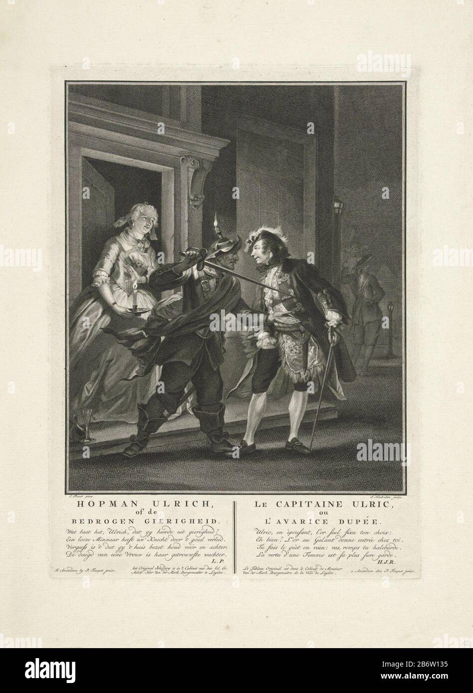 Hopman Ulrich de robegen gierigheid de omkoping une garde avec une lourde d demande un jeune homme (Godefroy), qui secret la nuit à sa bien-aimée (Sybille) vient à visiter, pour faire de l'argent. L'homme atteint dans sa poche. La femme tient une bougie. Sur le trottoir se trouvent un verre et une bouteille. Arrière-plan droit, deuxième garde. Scène de la comédie 'Hopman Ulrich ou trompé avarice' Johan van Paffen Red de 1661, dans laquelle le caractère miserly Ulrich est trompé par sa femme Sybille, bien qu'il laisse sa garde. Son amant Godefroy acheter l'horloger om. Fabricant : printmaker Jacob Houbraken (répertorié Banque D'Images