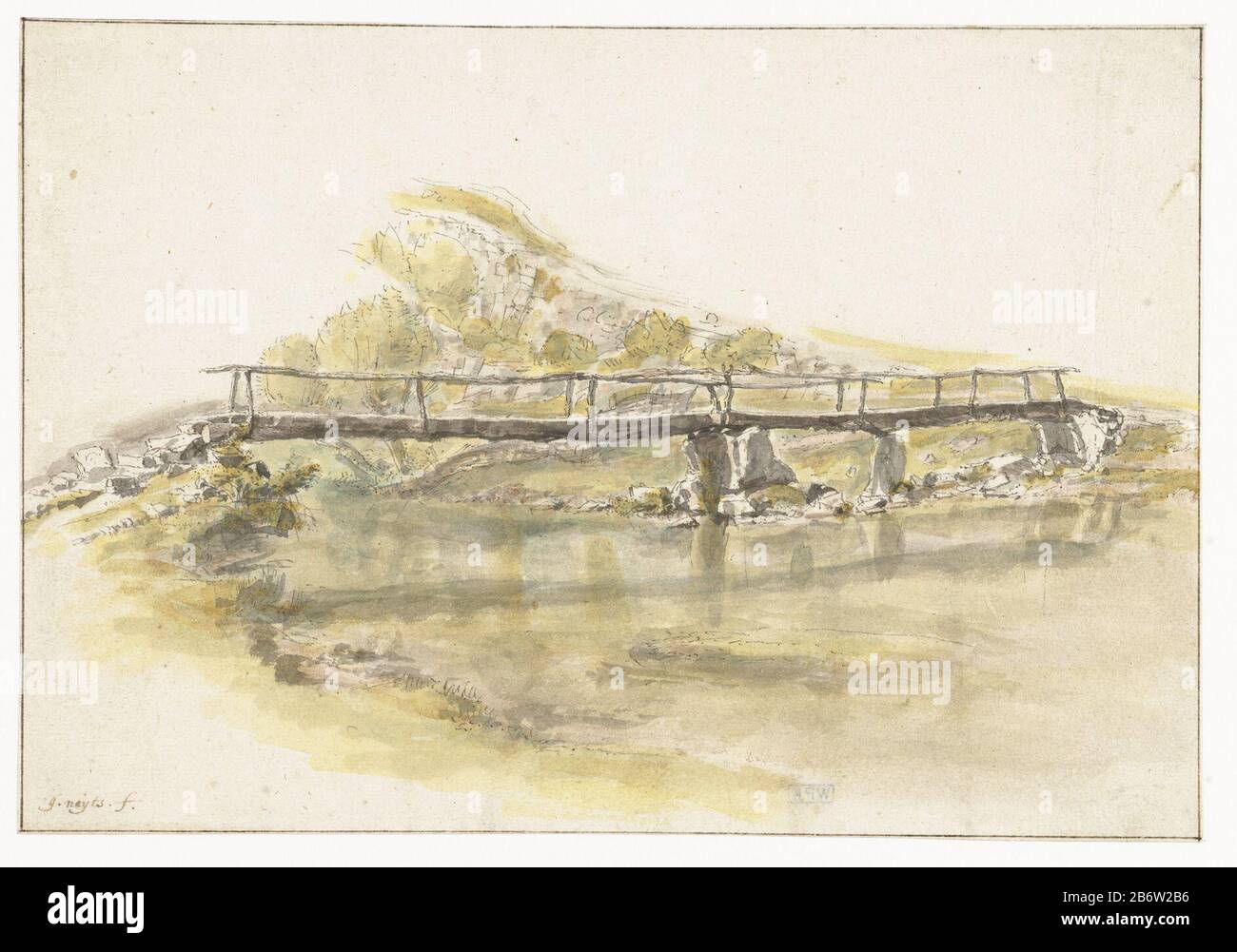 Houten bruggetje Pont en bois Type d'objet: Dessin aquarelle Numéro d'article: RP-T-1899-A 4299 Inscriptions / Pont des marques à Moha' Fabricant : artiste: Gilles Neyts Date: 1633 - 1687 Caractéristiques physiques: Stylo en marron; brosse en couleur d'eau matériau: Aquarelle papier technique: Dimensions de la brosse: H 136 mm × W 197 mm Sujet: paysage avec pont de ruine Banque D'Images