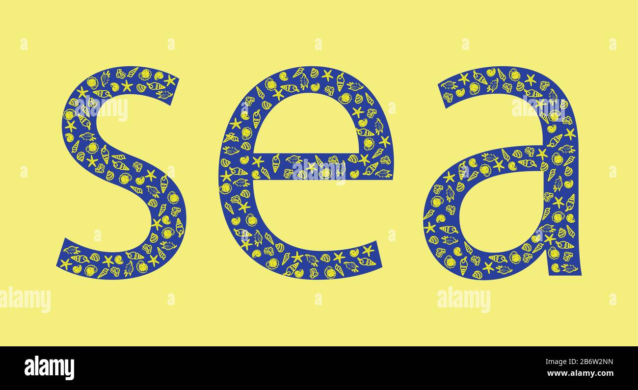 inscription bleue inhabituelle mer avec contours jaunes de divers mollusques et coquillages sur fond jaune clair Illustration de Vecteur