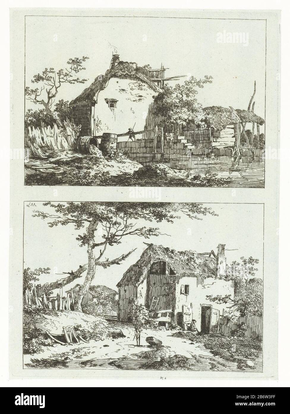 Huis aan het water en een huis aan een weg Deux représentations sur une plaque. Ci-dessus: Une maison en pierre avec un toit de chaume à l'eau. En plus du logement une haystack. Ci-dessous: Une maison en pierre de course le long d'un weg. Fabricant : Print Maker: Louis Gabriel Moreau (indiqué sur l'objet), à son dessin: Louis Gabriel Moreau Date: 1770 - 1779 Caractéristiques physiques: Gravure sur papier bleu clair: Technique du papier: Dimensions de gravure: Bord de la plaque: H 241 mm × W 175 mmplaque de Toelichtingde est coupée par la suite, de sorte que les deux performances puissent être imprimées séparément. K.Botke. Objet: Ferme ou solitaire Banque D'Images