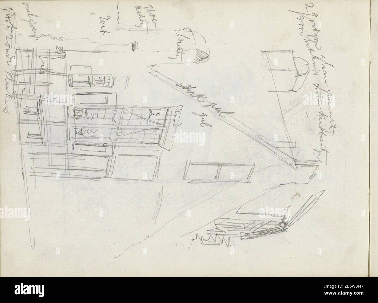 Huis met een tuitgevel House avec un type d'objet spoutfade: Sketchbook sheet référence: RP-T-1966-5-19 (V) marquage / marques: Note de couleur, manuscrit en crayon description: Page 19 verso d'un croquis avec 26 bladen. Fabricant : caricaturiste Willem Koekkoek Date: 1849 - 1895 Caractéristiques physiques: Crayon matière: Papier crayon Sujet: Façade (ou maison ou bâtiment) Banque D'Images