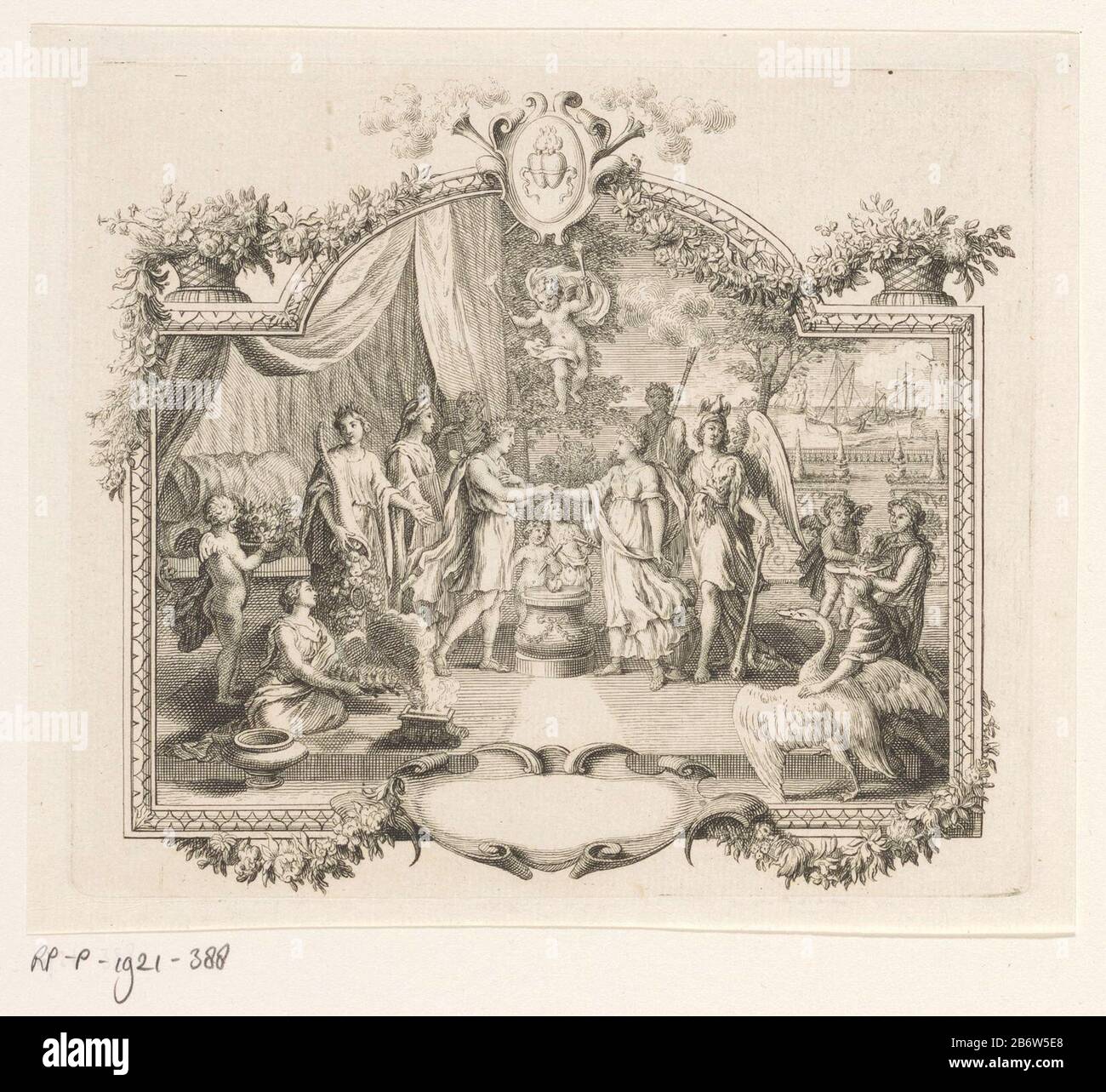 Huwelijk cérémonie de mariage d'un homme et d'une femme debout sur un autel Où: Sont deux coeurs . Au-dessus d'eux Amor apparaît avec deux lampes torches. Beaucoup à gauche est une corne d'abondance et un Hercules à ailes droites. La performance est enchâssée dans un kader ornemental. Fabricant : Print maker: Bernard Picart (possible) Lieu de fabrication: Amsterdam Date: 1683 - 1733 Caractéristiques physiques: Gravure et engrera matière: Papier technique: Gravure / engrera (processus d'impression) mesures: Bord de la plaque: H 130 mm × b 150 mm Objet: Mariage, couple marié, «ornements de matrimonium»  art (histoire de) Cupid, Amor (Eros) Cornucopia Banque D'Images
