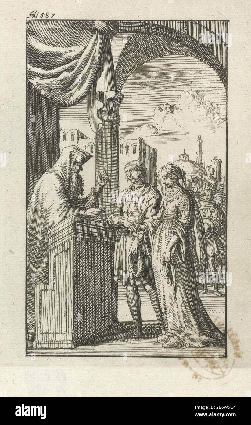 Huwelijksinzegening porte een oodse priester Imprimer haut gauche étiqueté: Foli 587. Fabricant : printmaker Jan Luyken Editeur: John Bouma Lieu de fabrication: Amsterdam Date: 1685 Caractéristiques physiques: Matériel de gravure: Technique du papier: Dimensions de gravure: Feuille: H 154 mm × W 98 mmTopelichtillustratie out: Hondorffius, Andreas. Les dix commandements du Seigneur. Amsterdam : John Bouman, 1685. Sujet 'kiddushin 'mariage juif Banque D'Images
