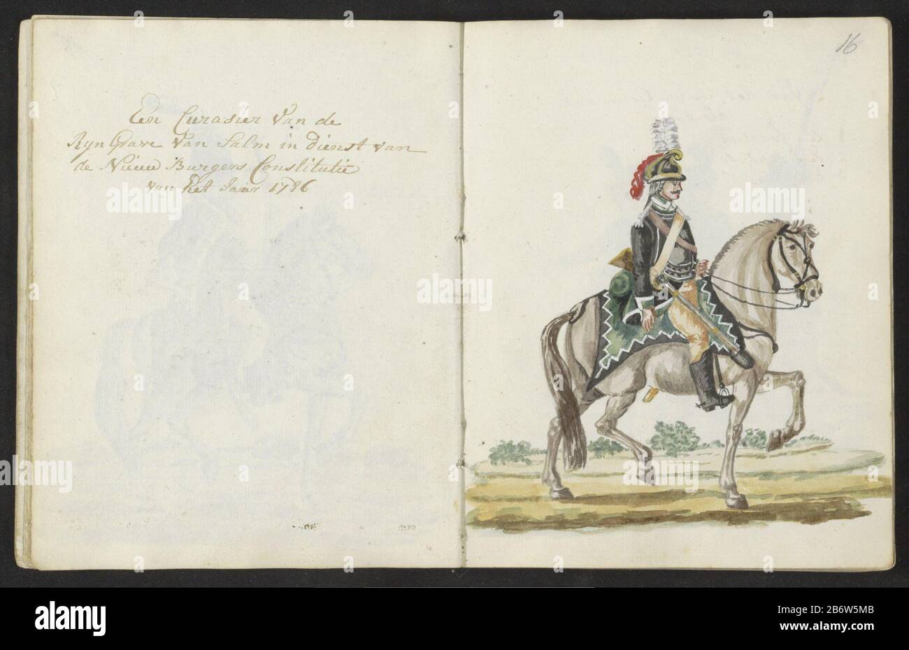 Huzaar van de Rijngraaf van Salm en 1786 Een Curaisier van de Rijn grave van Salm à dienst van de Nieuw Burgers Constitutie van het Jaar 1786 (objet op de titre) l'uniforme des cuirassiers du Rhin comte de Salm en 1786. Partie du deuxième chapitre sur les nouveaux uniformes pour la période 1783-1787. Dans l'esquisse avec des dessins en couleur des uniformes portés par le personnel militaire et les membres du schutterij de la période 1770 à 1795-1796. Fabricant : rapporteur pour avis: S.G. Préparation de l'insert moulé: Amsterdam Date: 1795 Caractéristiques physiques: Stylo en couleur d'encre brune matériau: Papier technique: Bref Banque D'Images